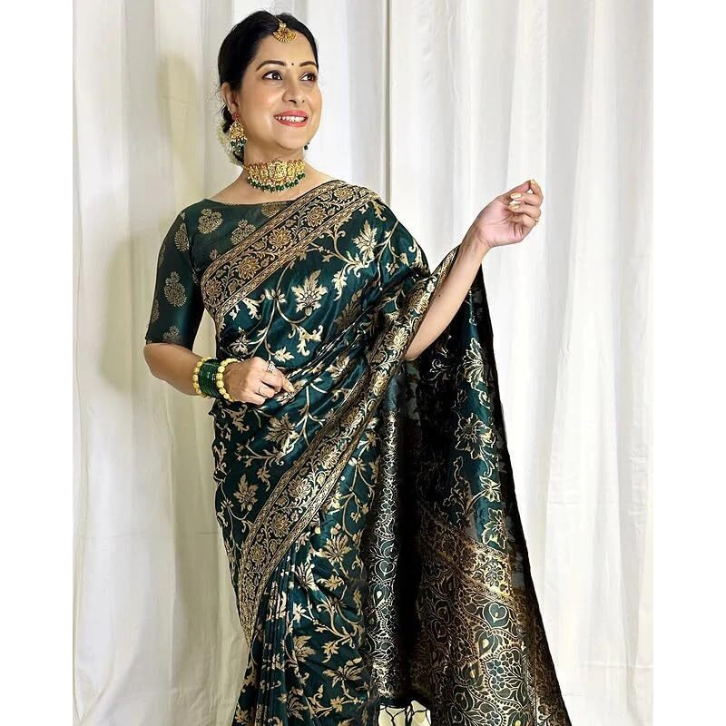 Sugathari Womens Banarasi Saree Pure Kanjivaram Silk Saree Soft new ladies 2023 Design Wear Pattu Sarees Latest Cotton Party Sari collections With Blouse Piece for Wedding sadi (SAM PARI S-7 B GREEN)