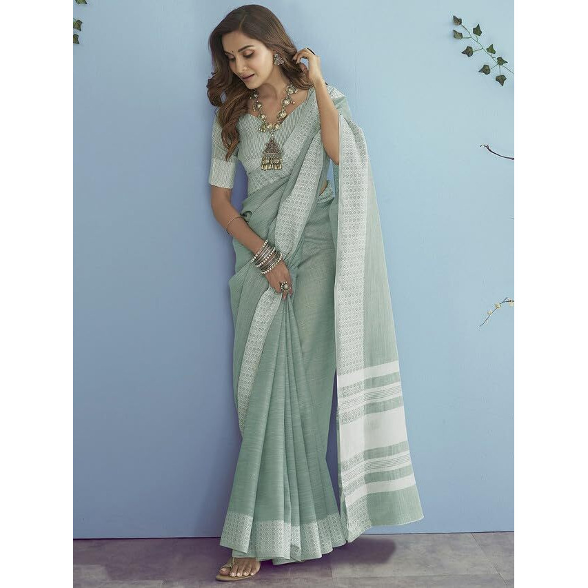 SIRIL Womens Self Woven, Jacquard Border Cotton Saree with Unstitched Blouse(3095S734_Light Green, White)