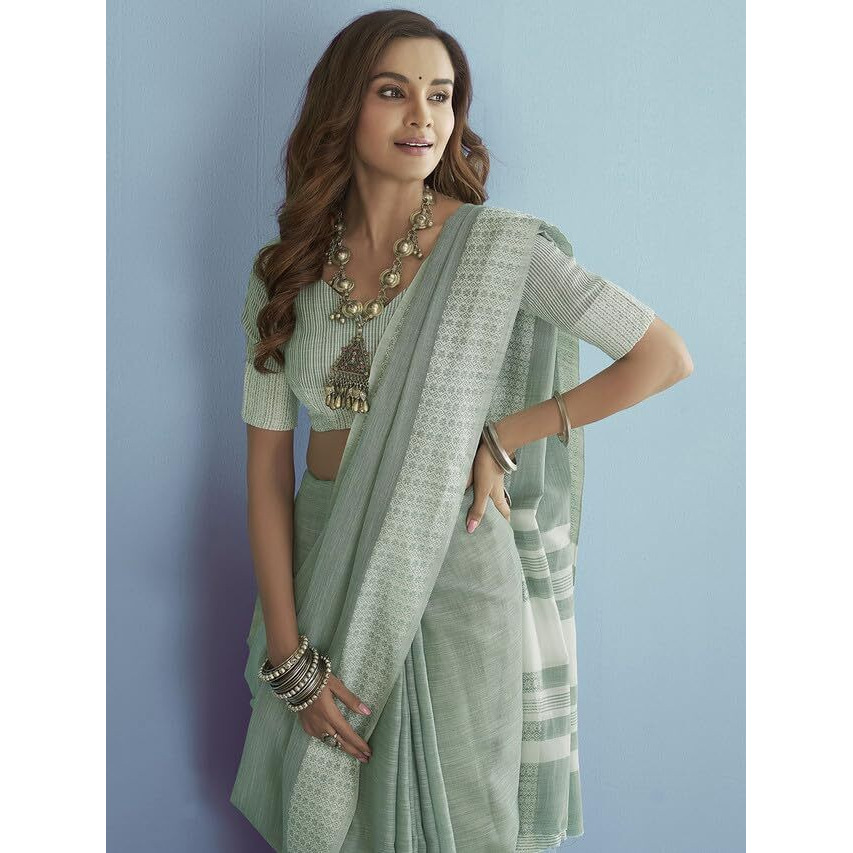 SIRIL Womens Self Woven, Jacquard Border Cotton Saree with Unstitched Blouse(3095S734_Light Green, White)