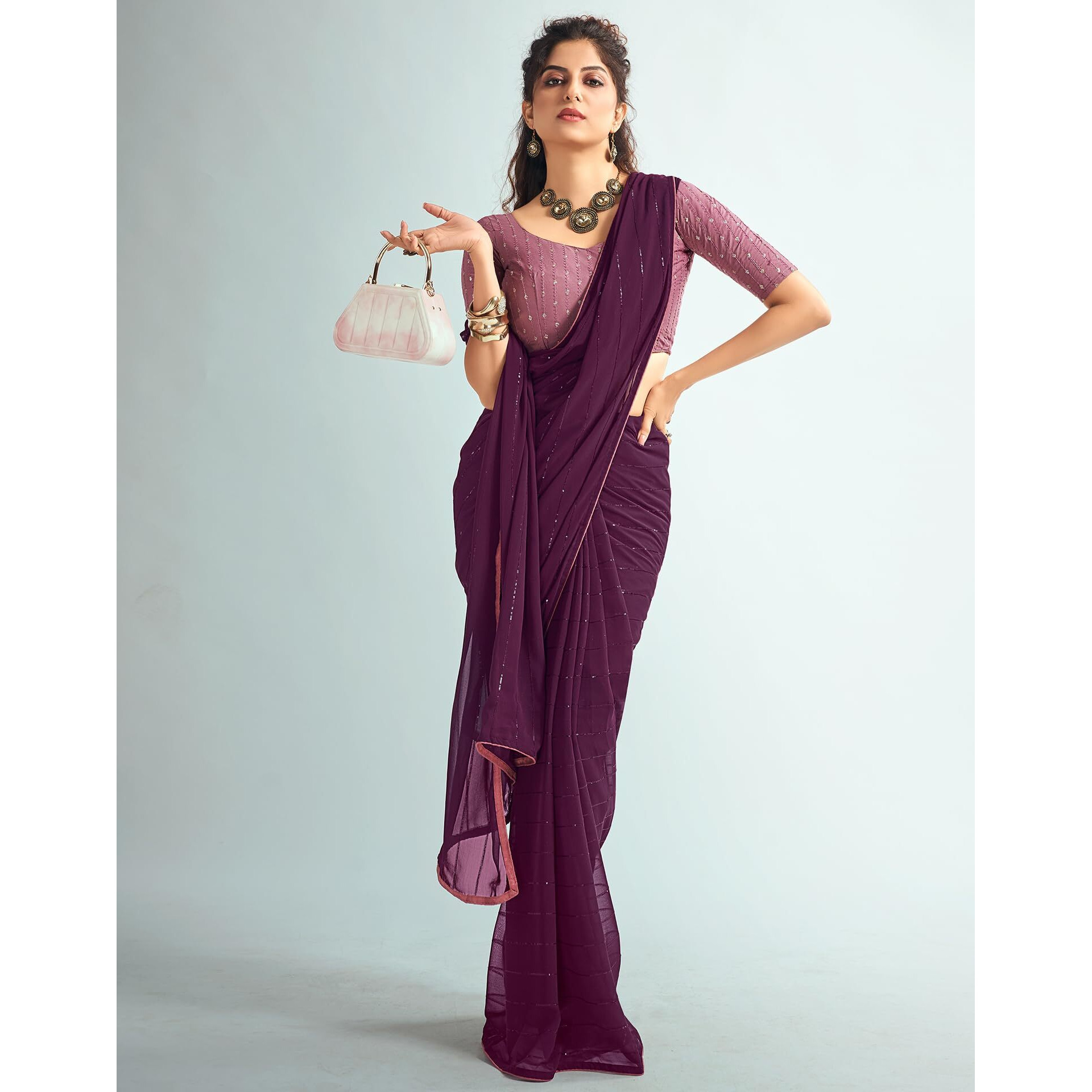 SIRIL Womens Georgette Sequence Work Saree With Unstitched Blouse Piece (3475S702_Deep Purple)