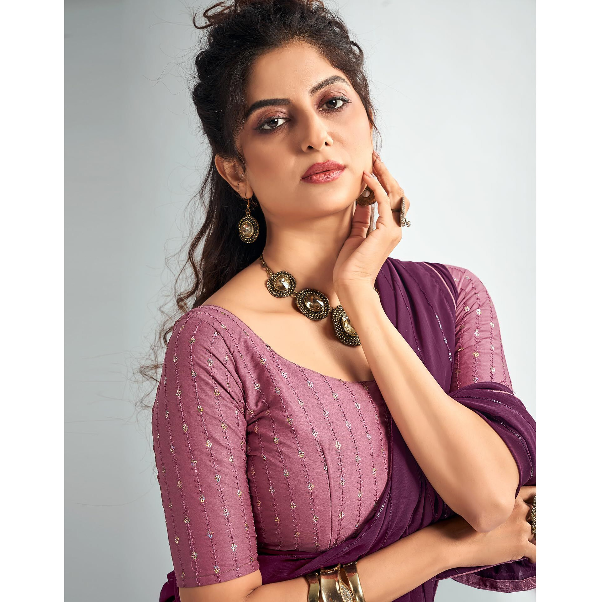 SIRIL Womens Georgette Sequence Work Saree With Unstitched Blouse Piece (3475S702_Deep Purple)