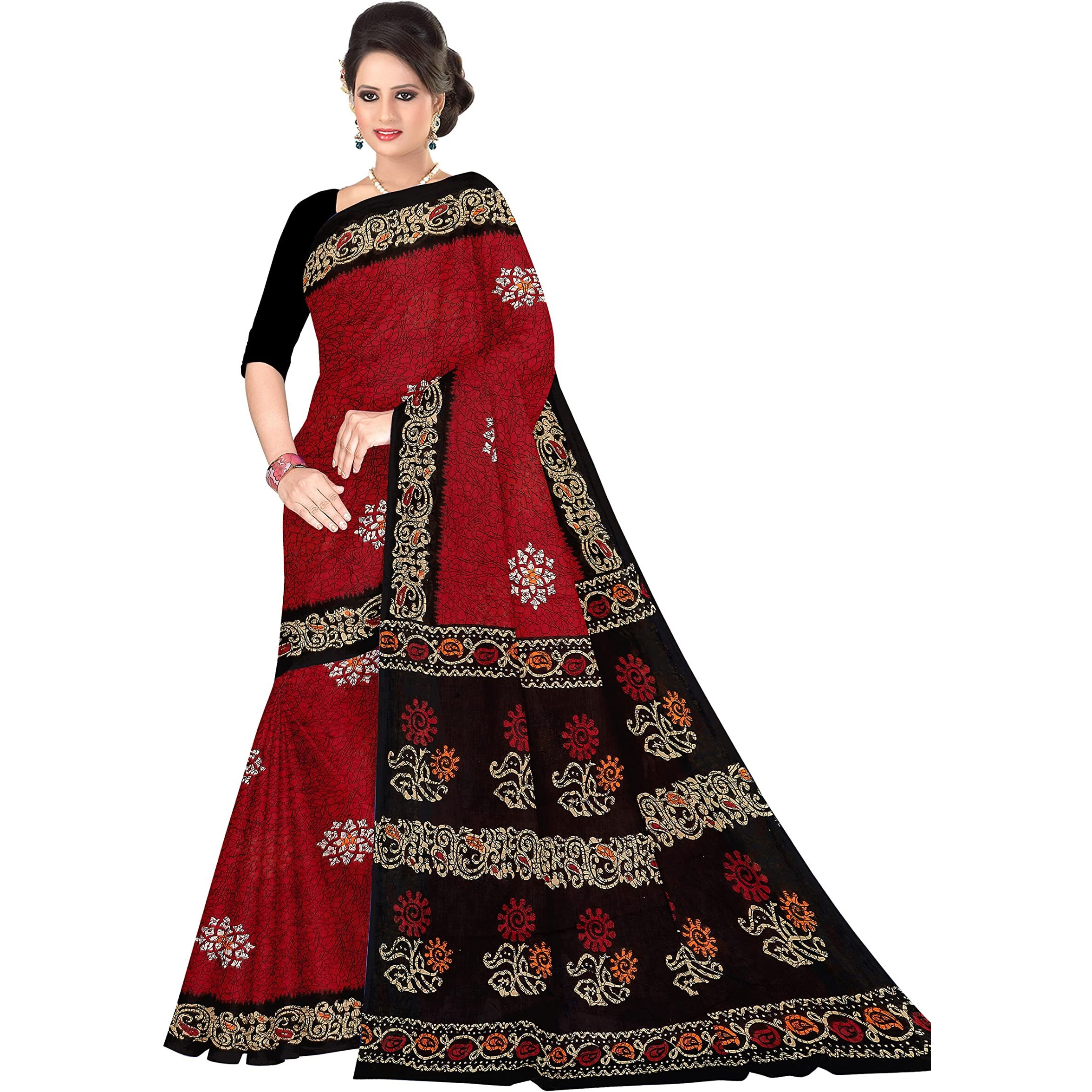 TAMAIRA FASHION Womens Plain Weave Pure Cotton Saree Without Blouse Piece(AB36_Red and black)