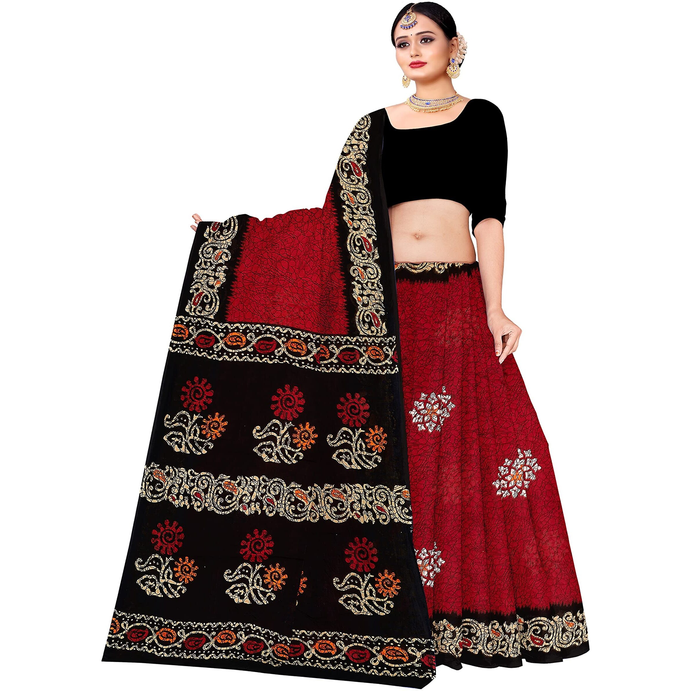 TAMAIRA FASHION Womens Plain Weave Pure Cotton Saree Without Blouse Piece(AB36_Red and black)