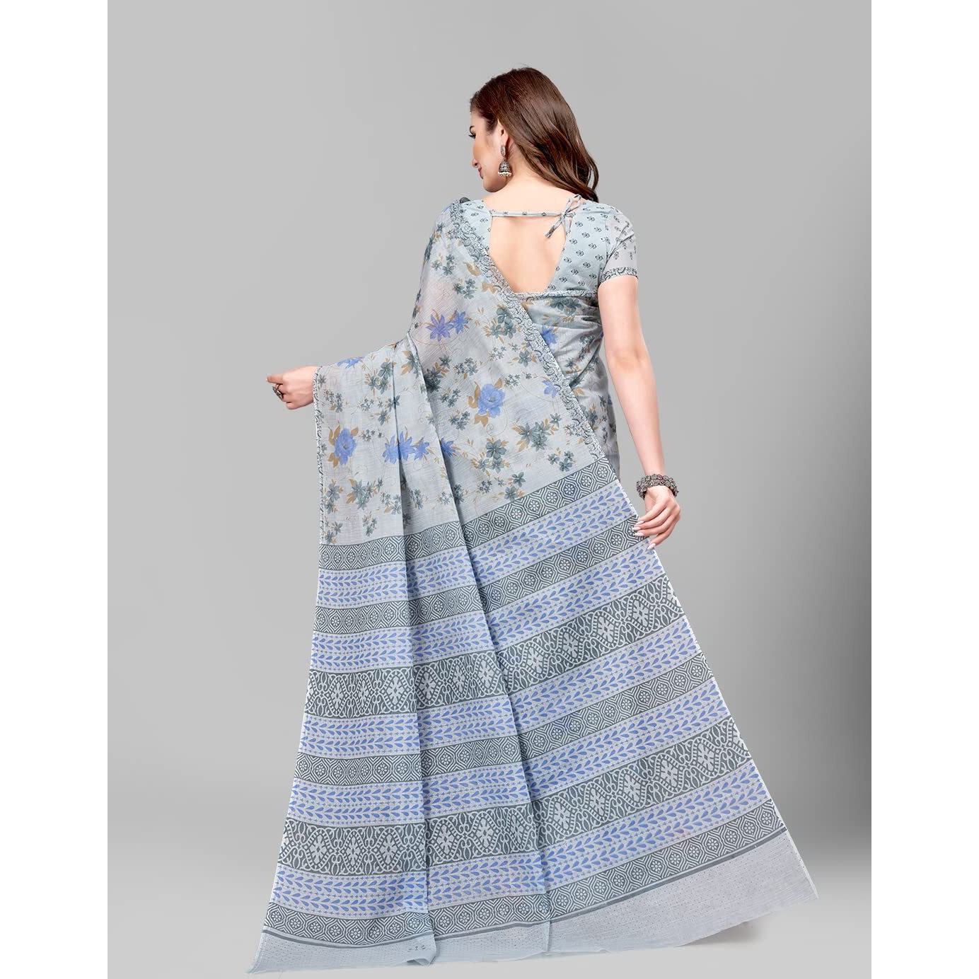 RATAN Pure Cotton Printed Mulmul Saree for Women with Blouse Piece (FBR-BP-3665_Grey)