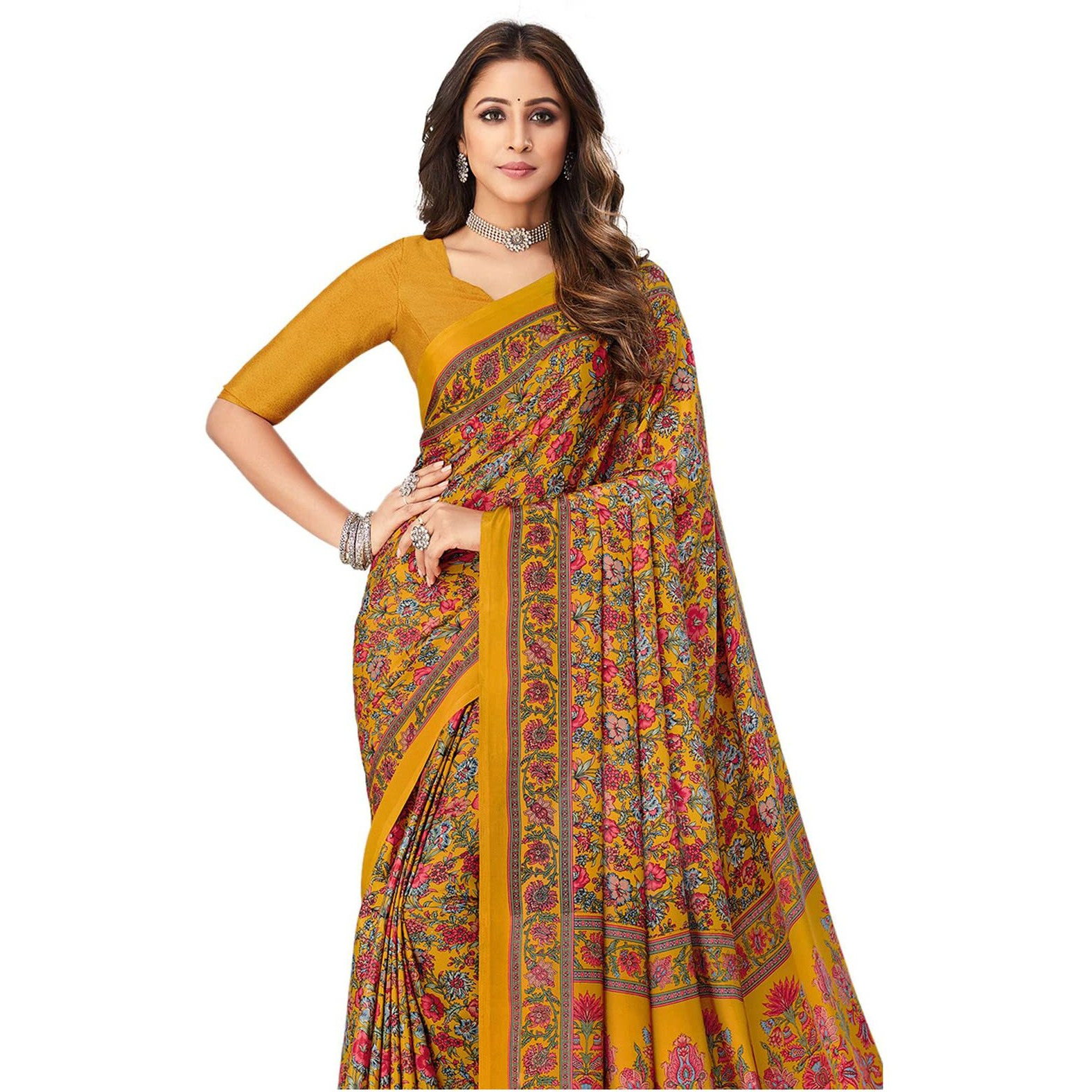 SIRIL Womens Printed Silk Crepe Saree with Unstitched Blouse Piece(2400S1071_Turmeric Yellow & Multi)