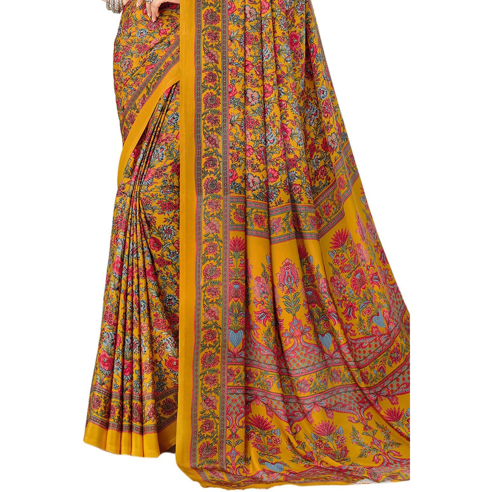 SIRIL Womens Printed Silk Crepe Saree with Unstitched Blouse Piece(2400S1071_Turmeric Yellow & Multi)