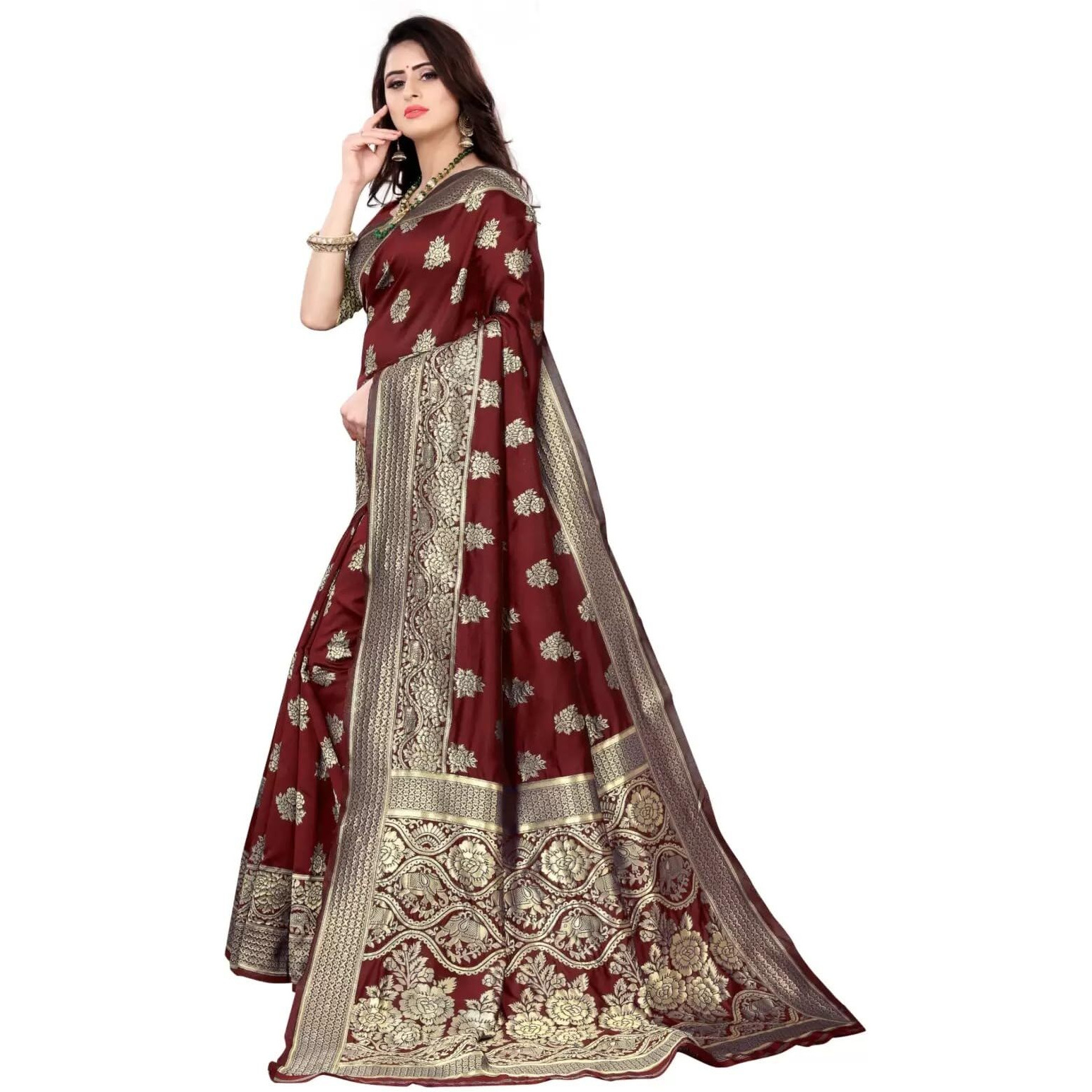 Sugathari Womens Banarasi Saree Pure Kanjivaram Silk Saree Soft new ladies 2023 Design Wear Pattu Sarees Latest Cotton Party Sari collections With Blouse Piece for Wedding sadi (PARI 63 MAROON)