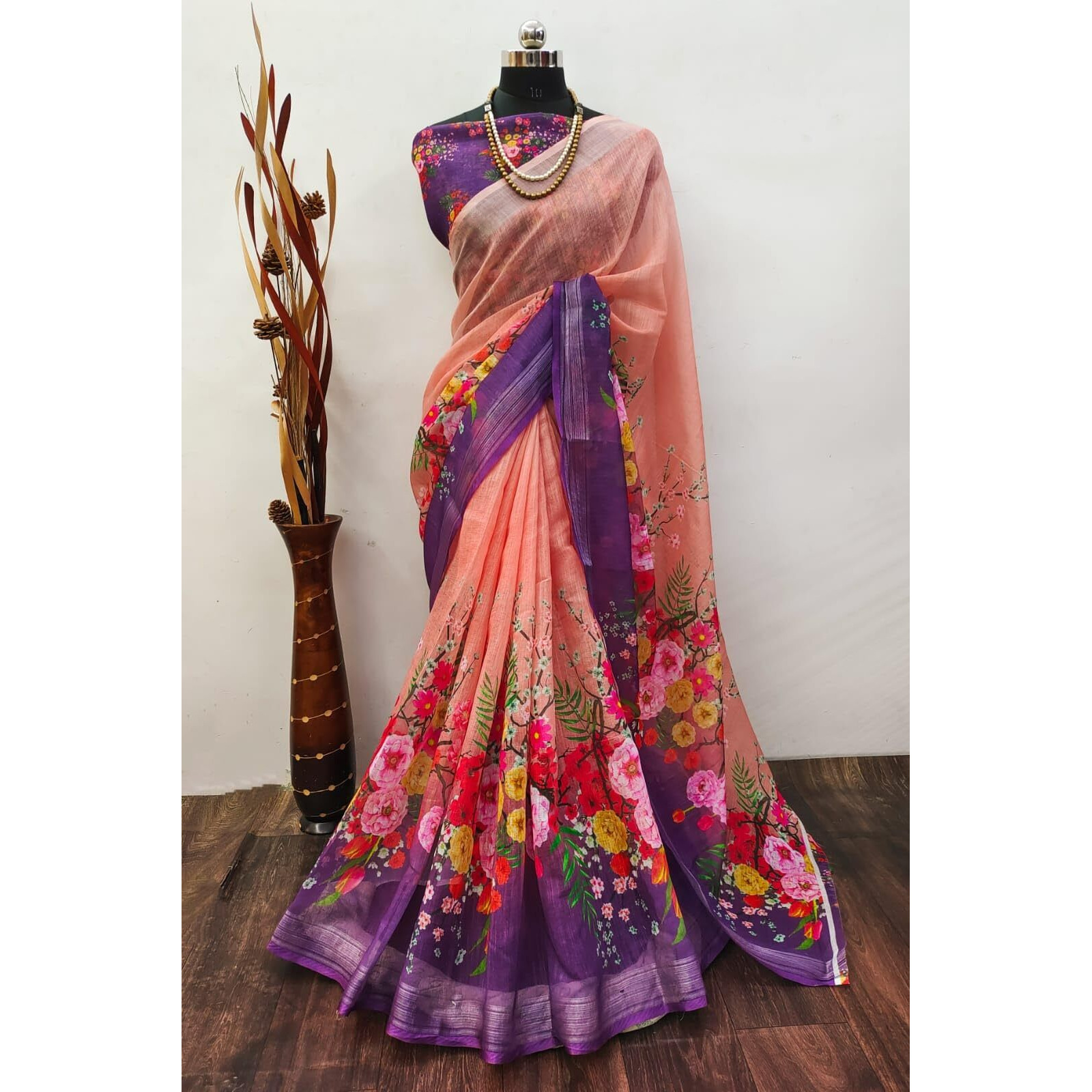 J Enterprise Womens Pure Soft Linen Cotton Banarasi Silk Saree Pattu For Women Kanjivaram Sarees Latest Party Design Wear Wedding Sadi With Blouse Piece 2023 2024 Ready To New (FlowerJaal) (Wine)