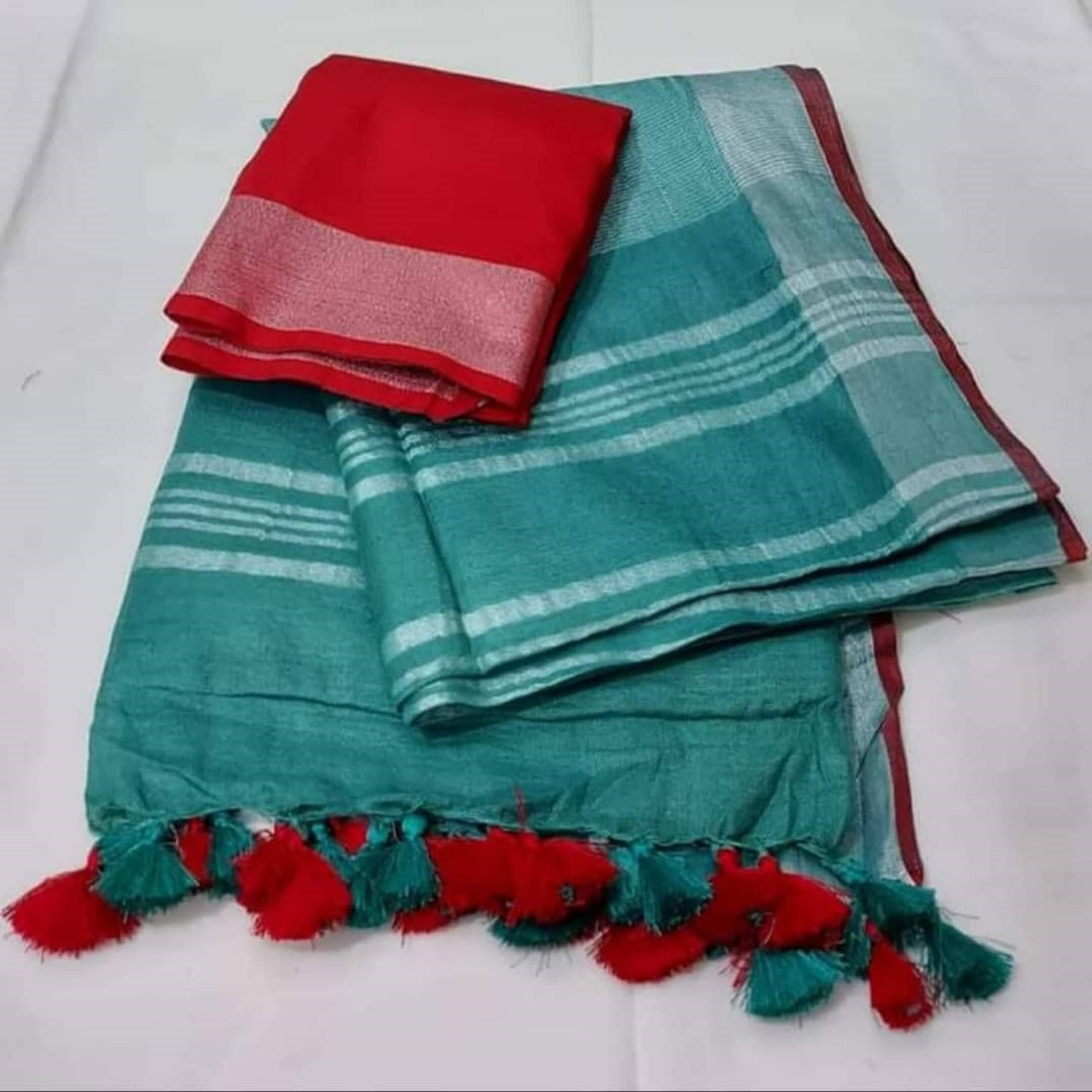 HAIDER ALI AND SONS Pure Linen Ethnic Wear Saree For Womens (With Blouse)_01 (RAMA GREEN)