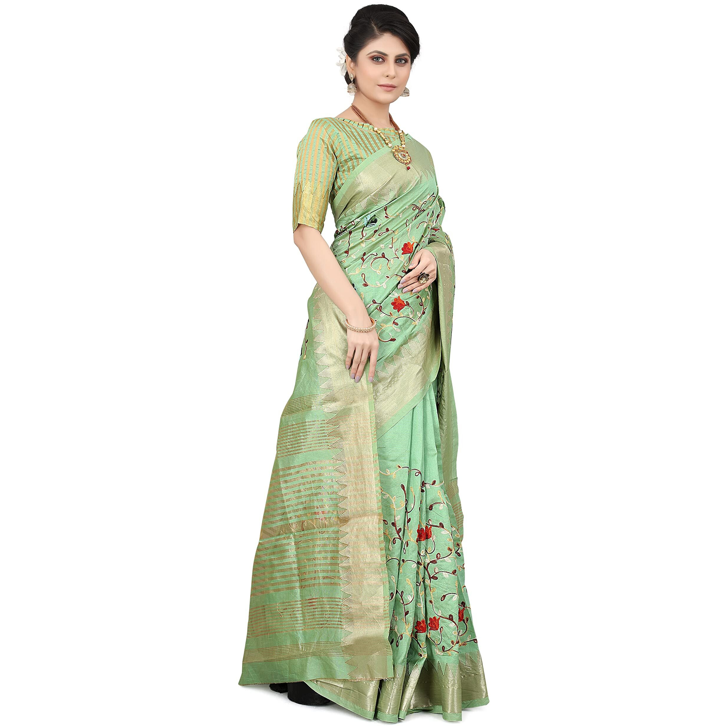 SERONA FABRICS Womens Assam Cotton Silk With Golden Border Thread Embroidered Banarasi Saree With Blouse Piece