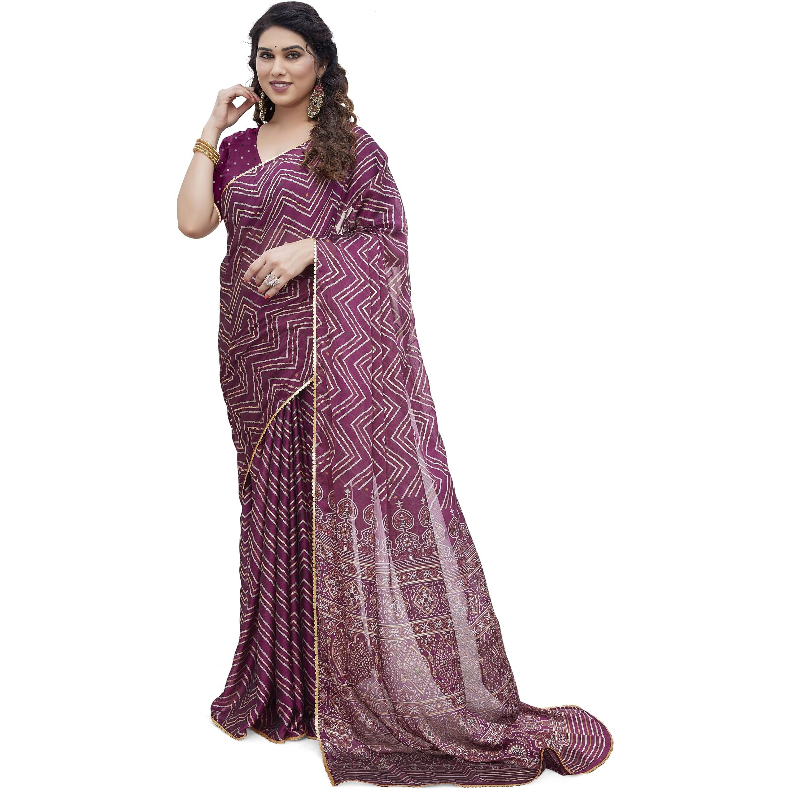 MIRCHI FASHION Womens Chiffon Foil Work Chevron Printed Saree with Blouse Piece (41655-Magenta, Beige, Golden)