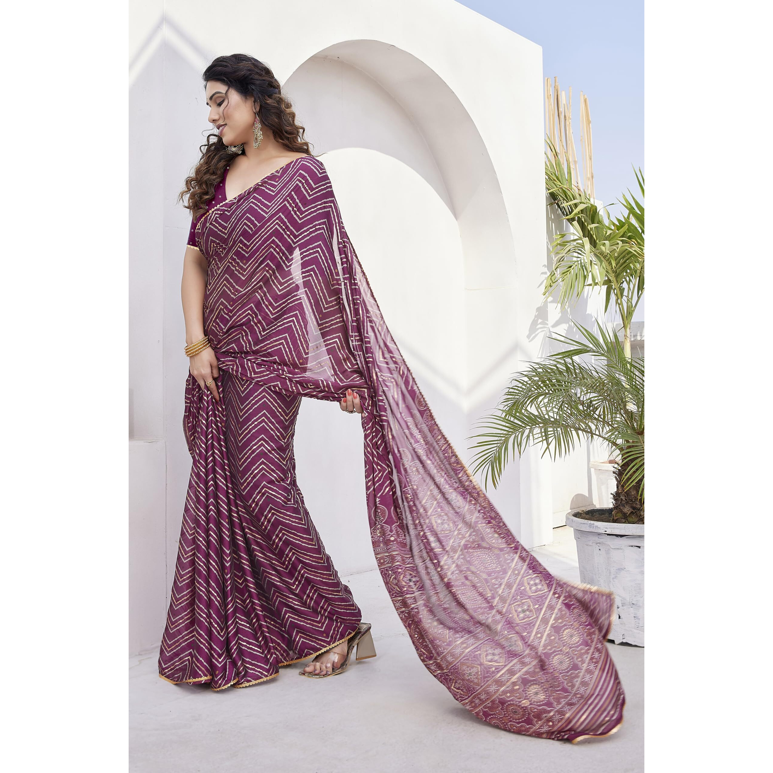 MIRCHI FASHION Womens Chiffon Foil Work Chevron Printed Saree with Blouse Piece (41655-Magenta, Beige, Golden)
