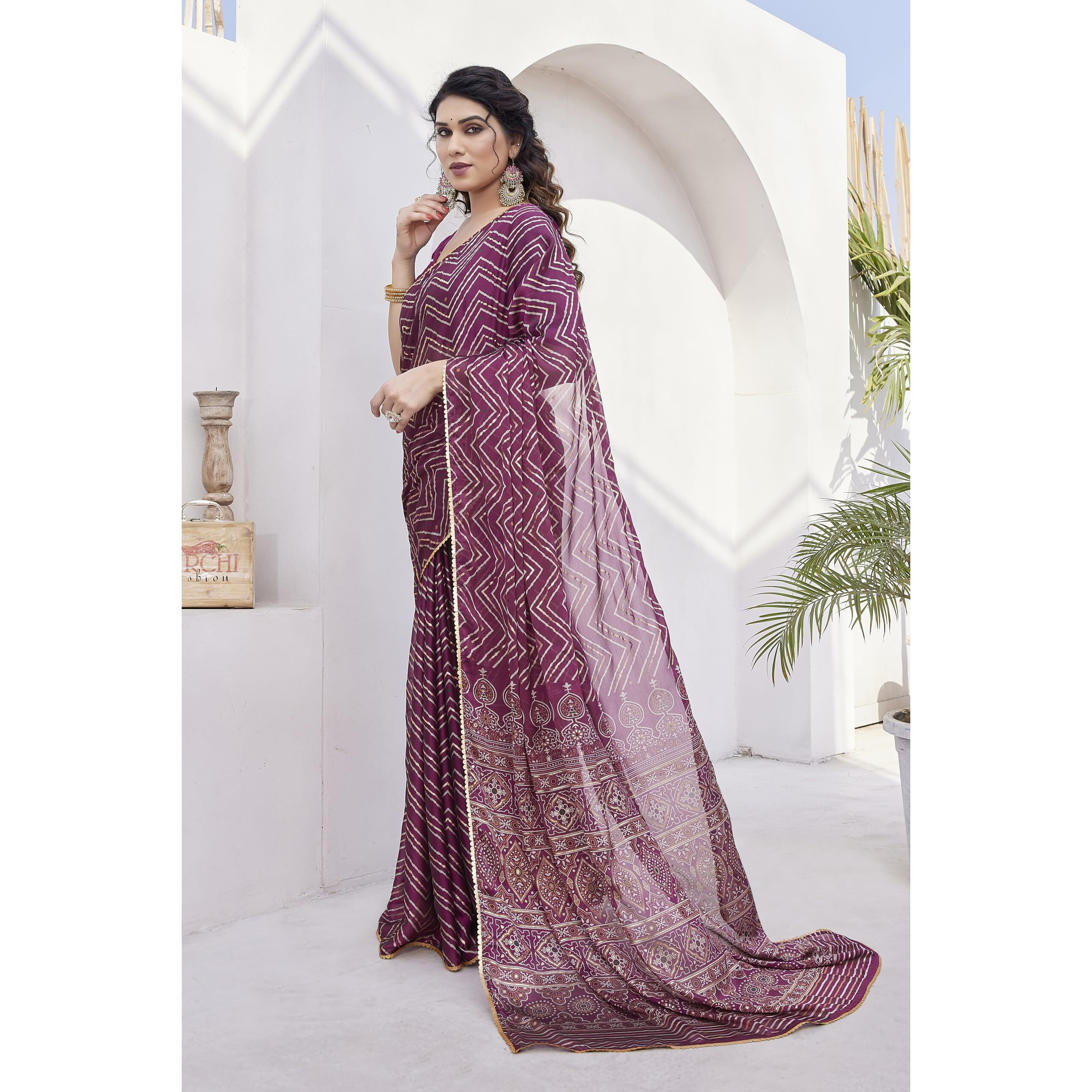 MIRCHI FASHION Womens Chiffon Foil Work Chevron Printed Saree with Blouse Piece (41655-Magenta, Beige, Golden)