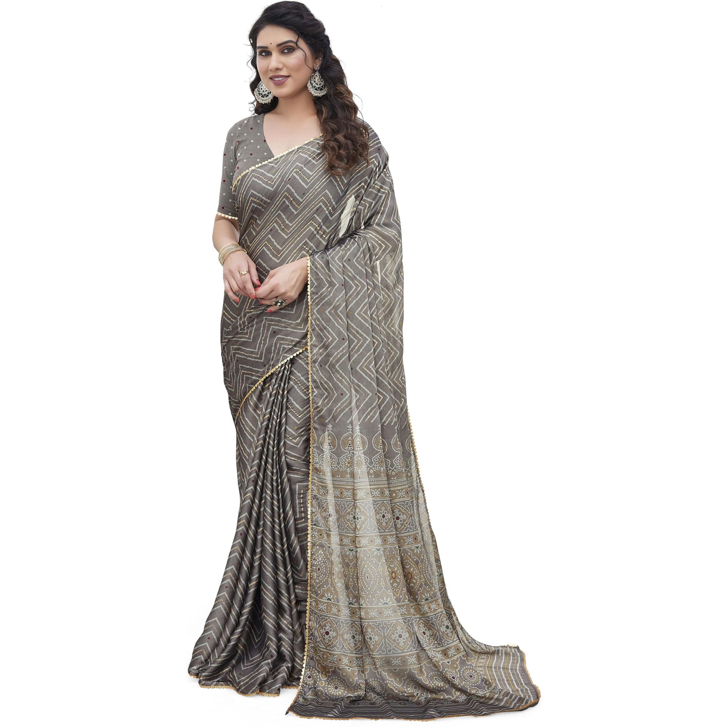 MIRCHI FASHION Womens Chiffon Foil Work Chevron Printed Saree with Blouse Piece (41658-Dark Beige, Beige, Golden)