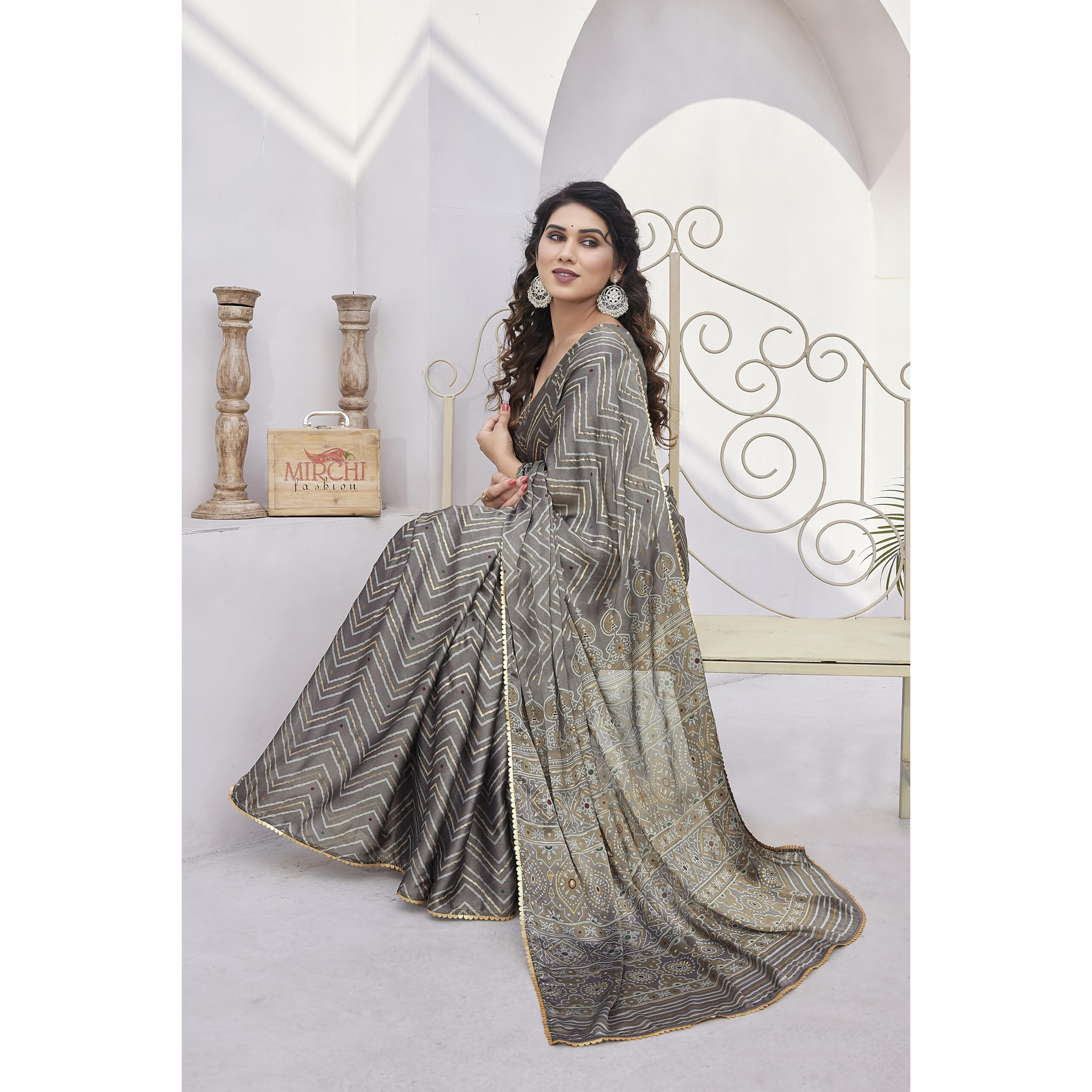 MIRCHI FASHION Womens Chiffon Foil Work Chevron Printed Saree with Blouse Piece (41658-Dark Beige, Beige, Golden)