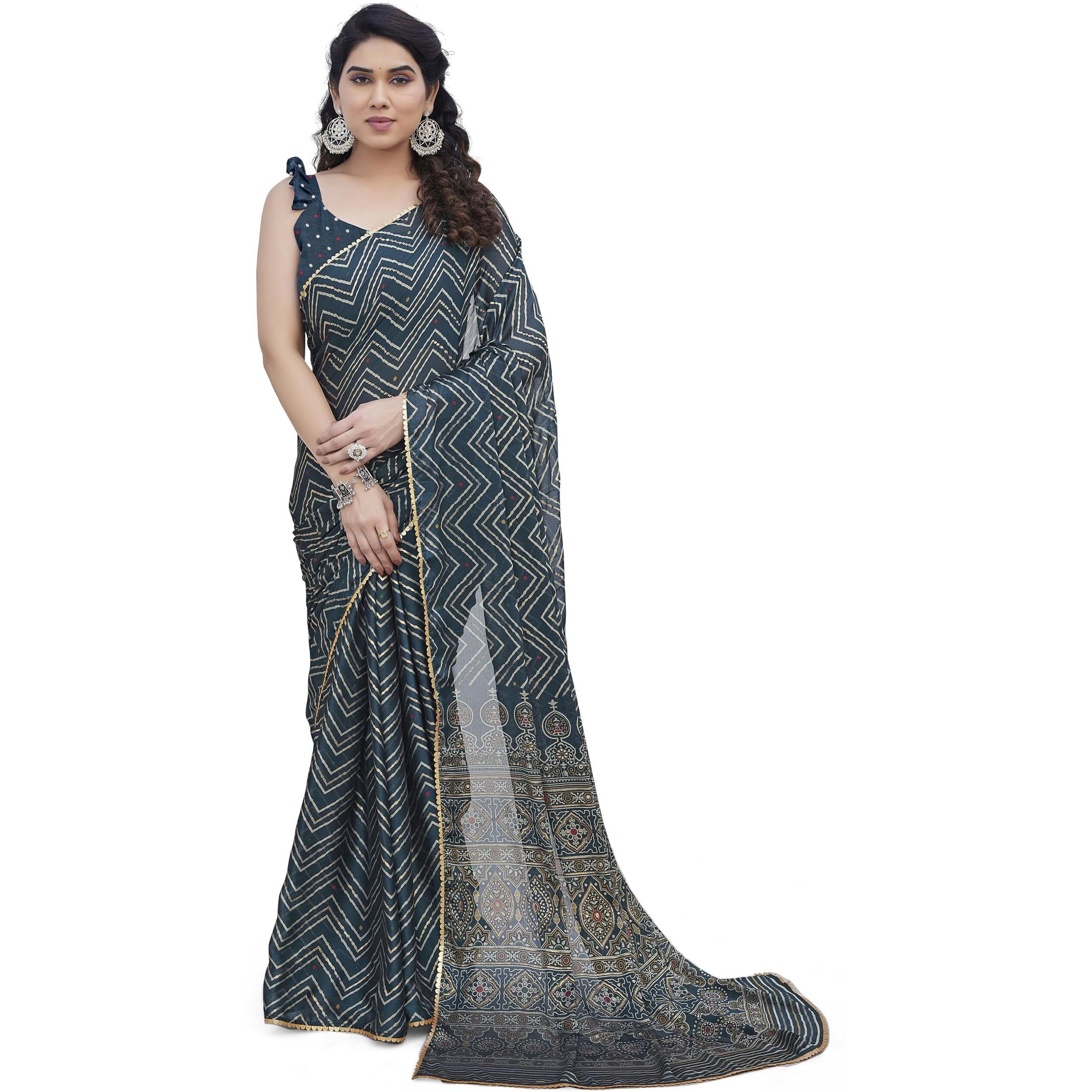 MIRCHI FASHION Womens Chiffon Foil Work Chevron Printed Saree with Blouse Piece (41657-Dark Rama Blue, Beige, Golden)