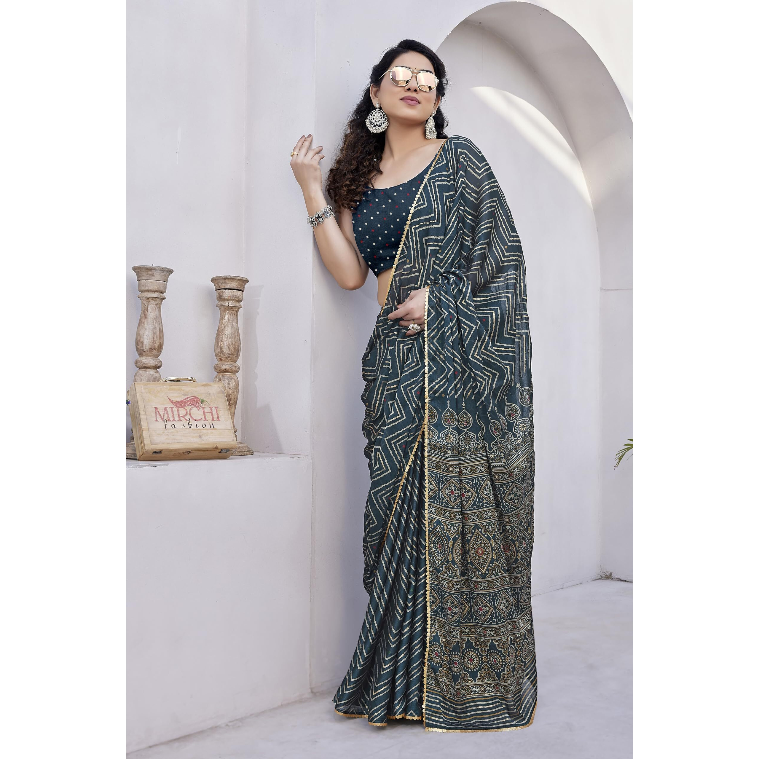 MIRCHI FASHION Womens Chiffon Foil Work Chevron Printed Saree with Blouse Piece (41657-Dark Rama Blue, Beige, Golden)