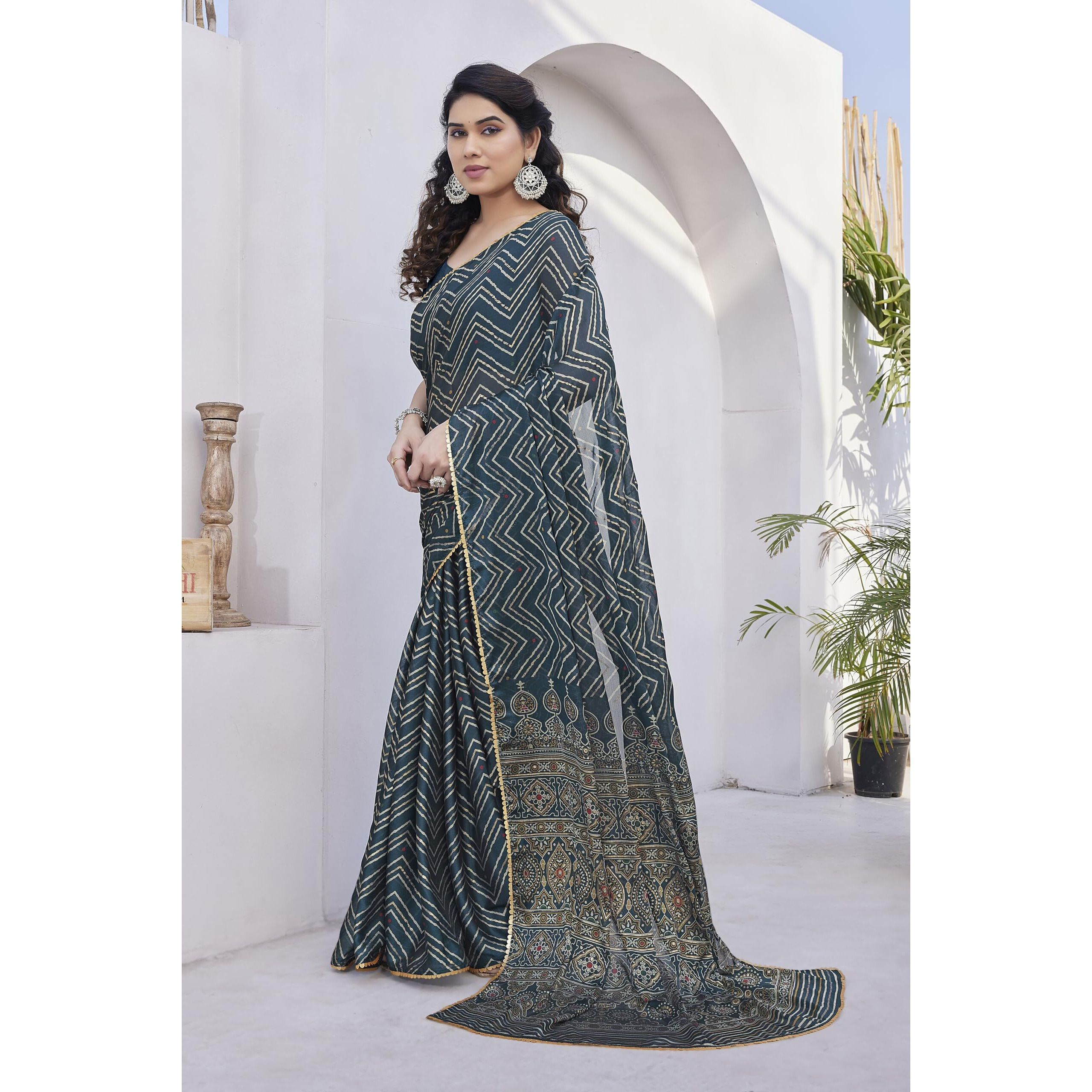 MIRCHI FASHION Womens Chiffon Foil Work Chevron Printed Saree with Blouse Piece (41657-Dark Rama Blue, Beige, Golden)