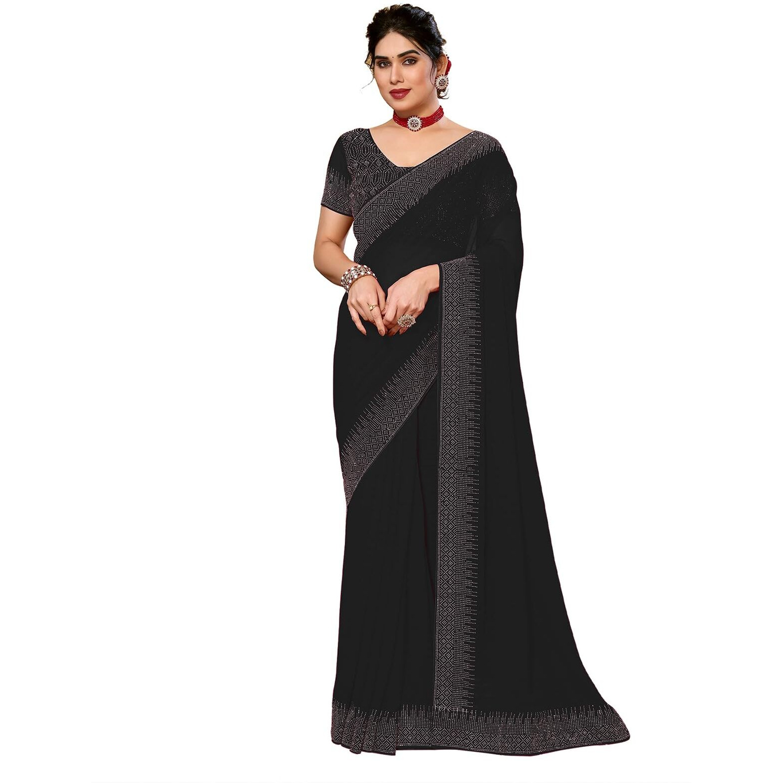 SIRIL Womens Hot Fixing Georgette Saree with Unstitched Blouse Piece (3320S153_Black)