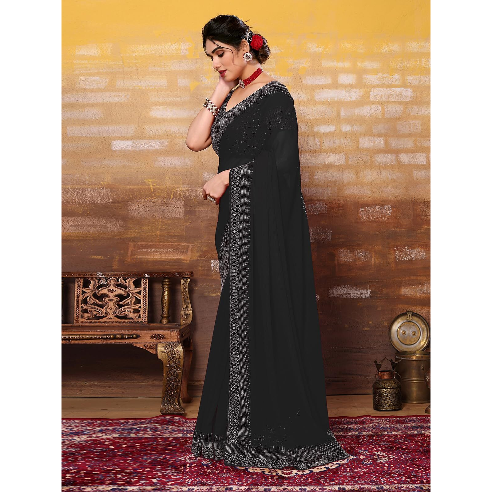 SIRIL Womens Hot Fixing Georgette Saree with Unstitched Blouse Piece (3320S153_Black)