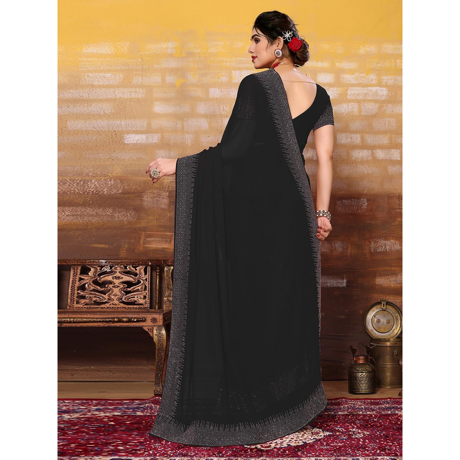 SIRIL Womens Hot Fixing Georgette Saree with Unstitched Blouse Piece (3320S153_Black)