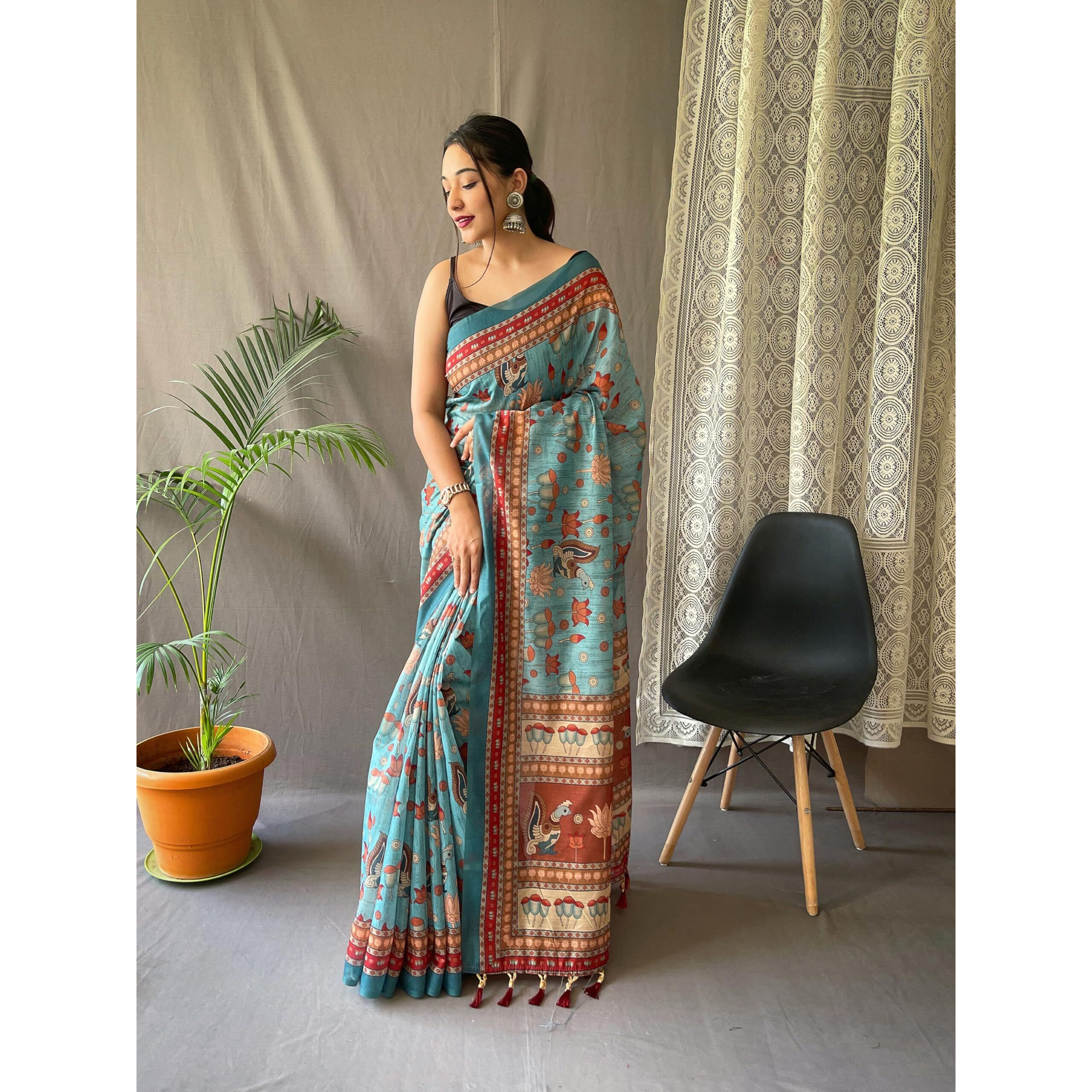 SGF11- Womens Cotton Linen Kalamkari Silk Printed Saree With Blouse Pieces (Blue)