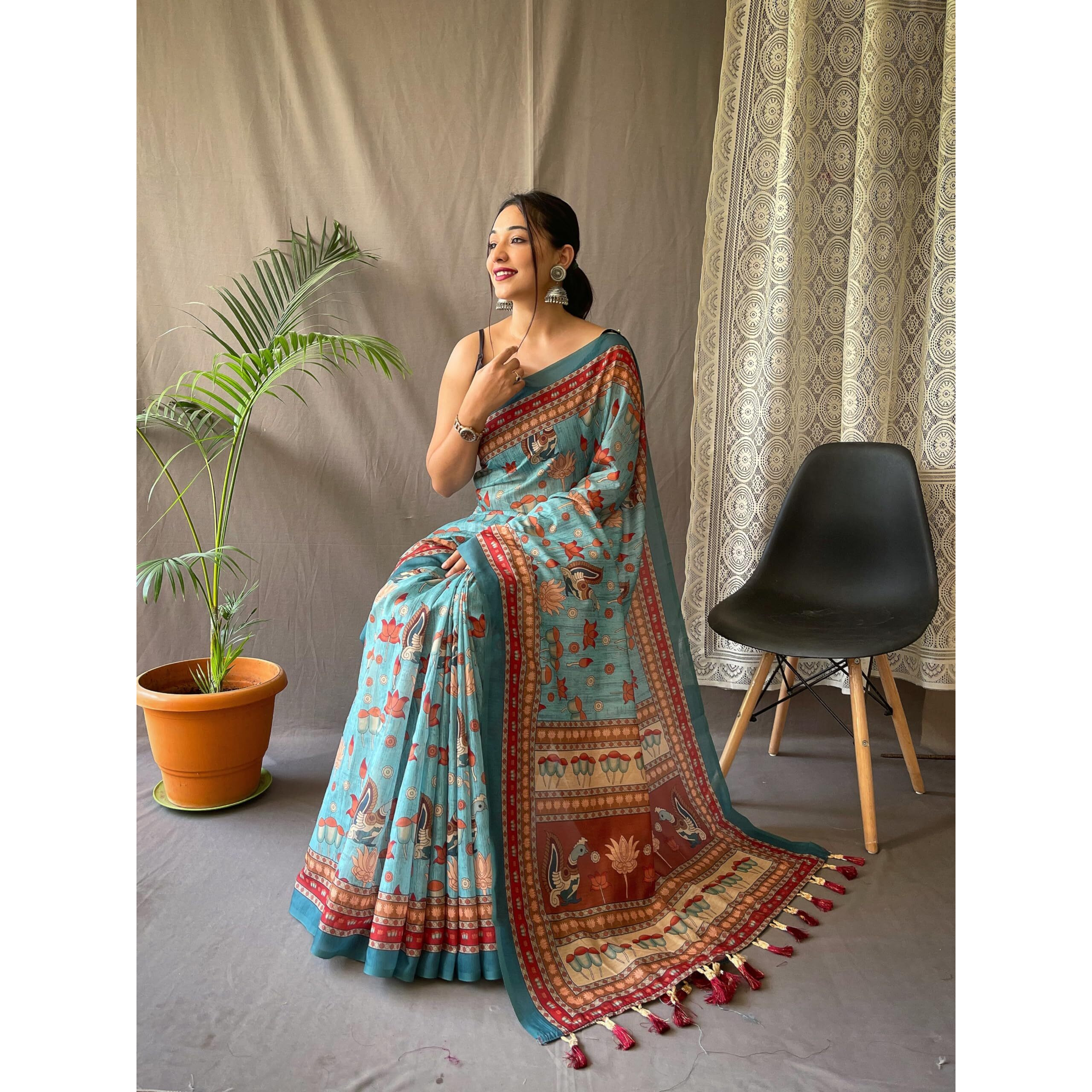 SGF11- Womens Cotton Linen Kalamkari Silk Printed Saree With Blouse Pieces (Blue)