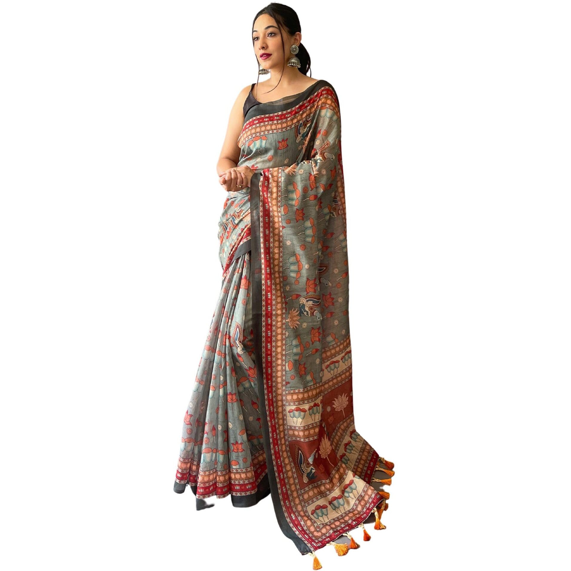 SGF11- Womens Cotton Linen Kalamkari Silk Printed Saree With Blouse Pieces (Gray)