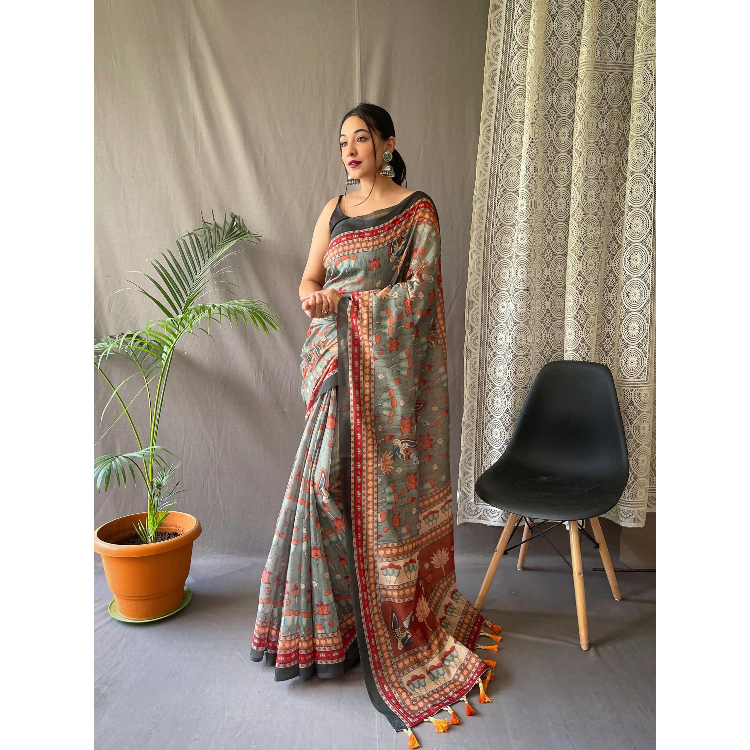 SGF11- Womens Cotton Linen Kalamkari Silk Printed Saree With Blouse Pieces (Gray)