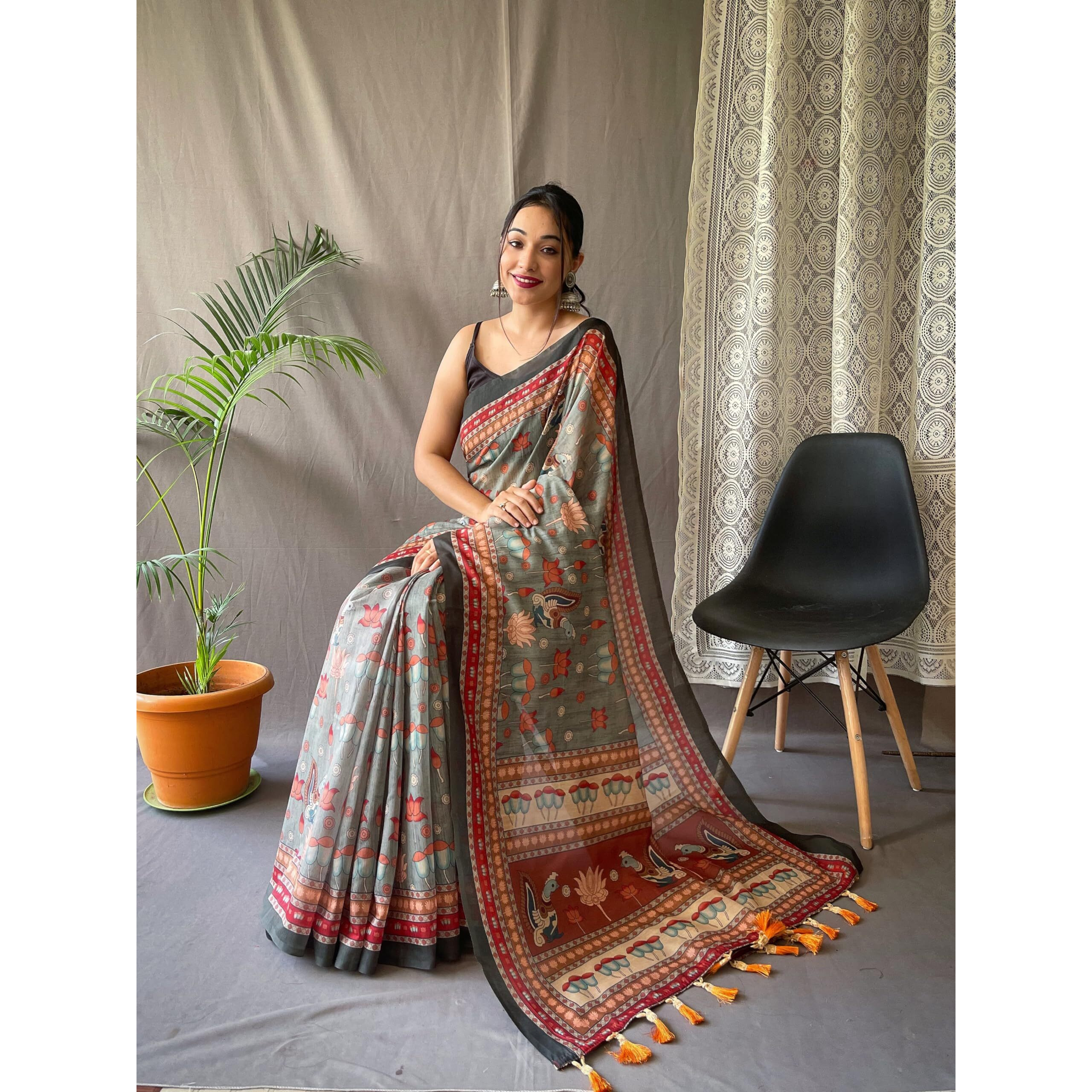 SGF11- Womens Cotton Linen Kalamkari Silk Printed Saree With Blouse Pieces (Gray)