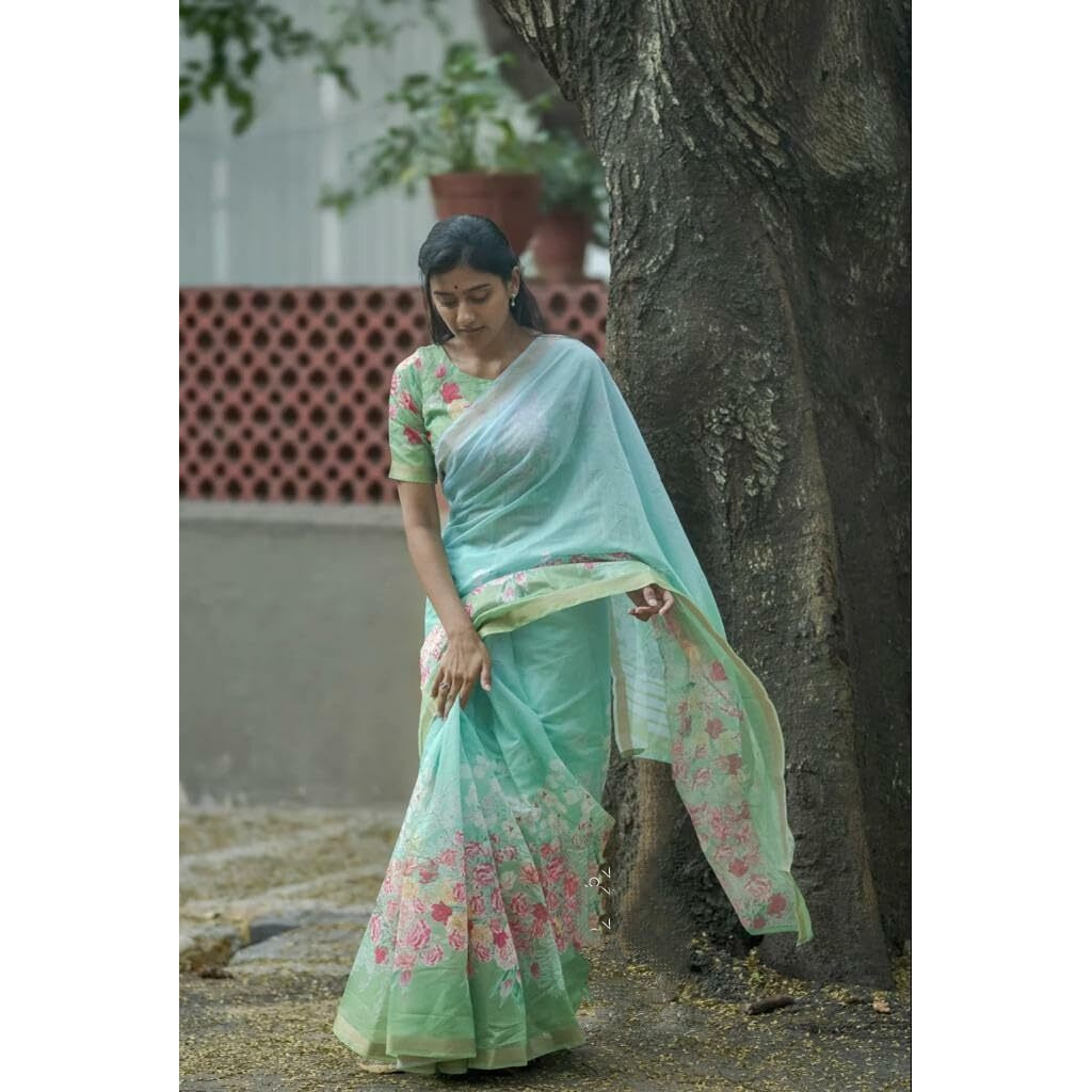 J Enterprise Womens Pure Soft Linen Cotton Banarasi Silk Saree Pattu For Women Kanjivaram Sarees Latest Party Design Wear Wedding Sadi With Blouse Piece 2023 2024 Ready To New (FlowerJaal) (Rama)