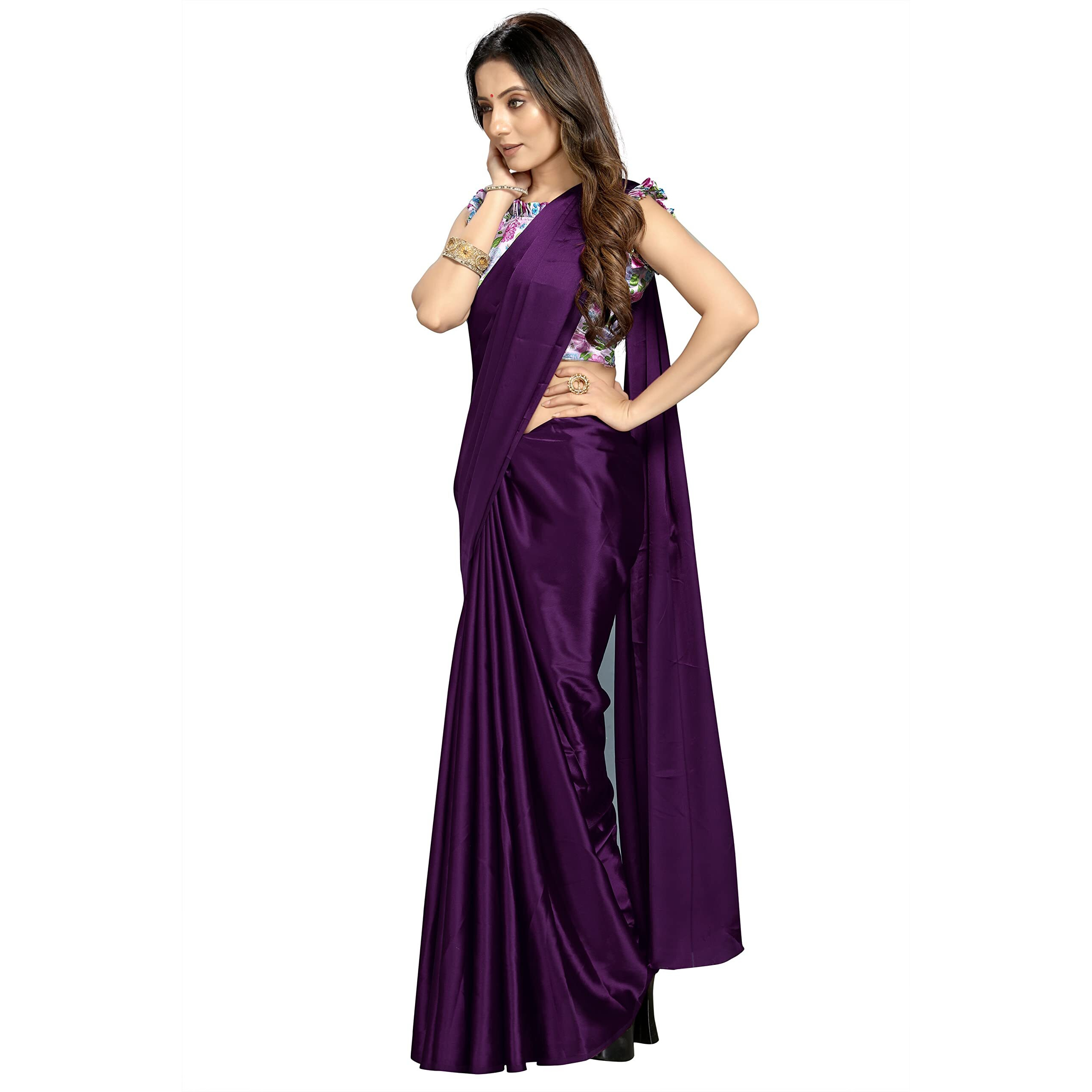 Floresta Fashion Womens Kanchipuram Satin Saree With Blouse Piece (Harvi-Satin-01_Purple)