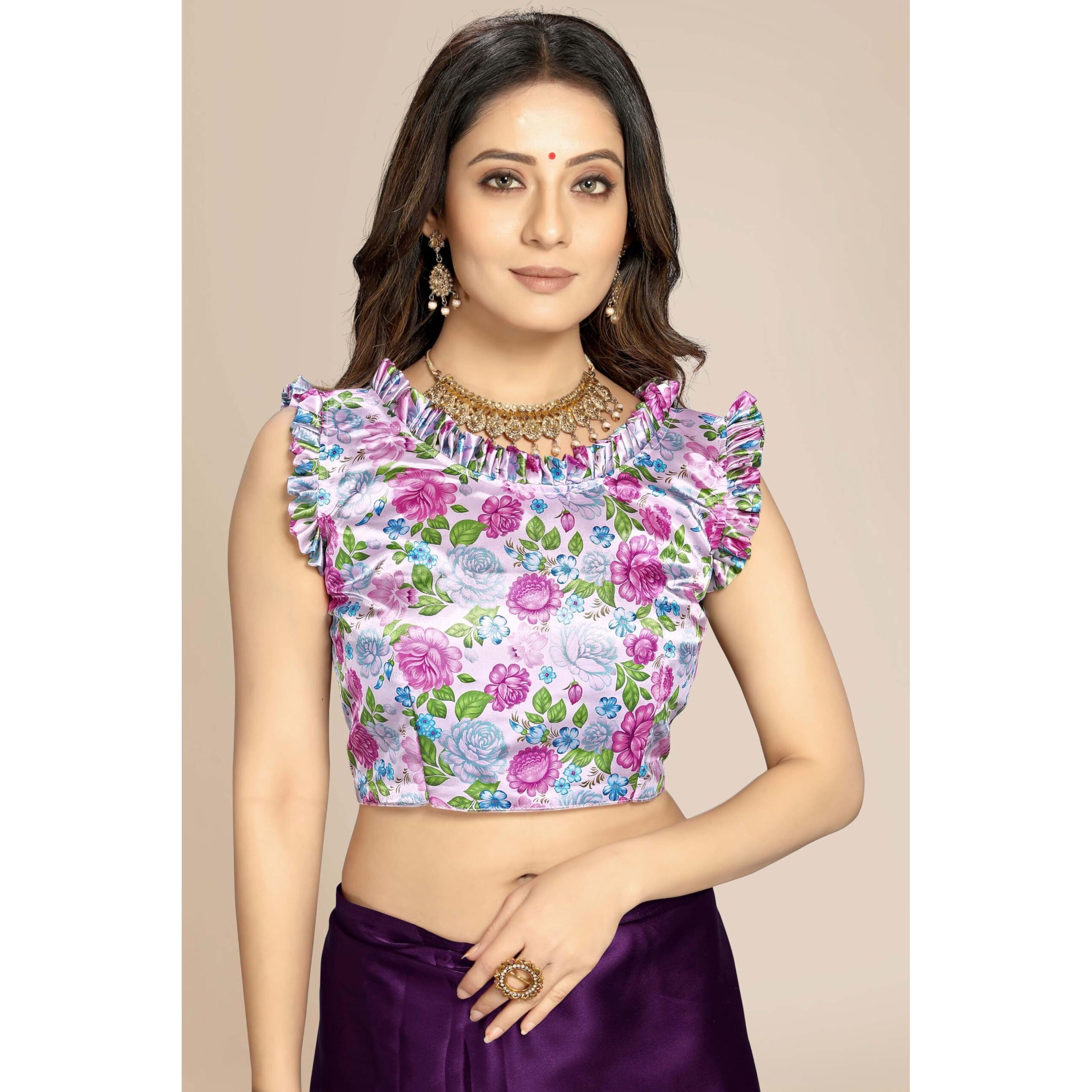 Floresta Fashion Womens Kanchipuram Satin Saree With Blouse Piece (Harvi-Satin-01_Purple)