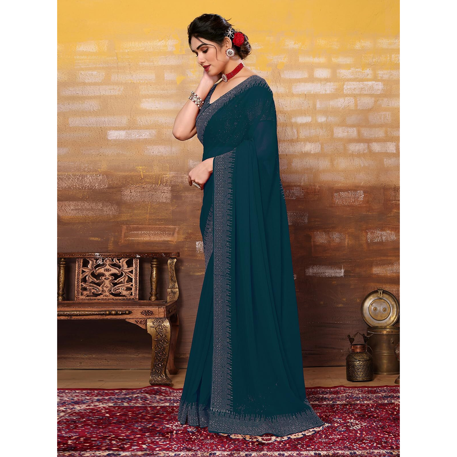SIRIL Womens Hot Fixing Georgette Saree with Unstitched Blouse Piece (3320S156_Teal Blue)