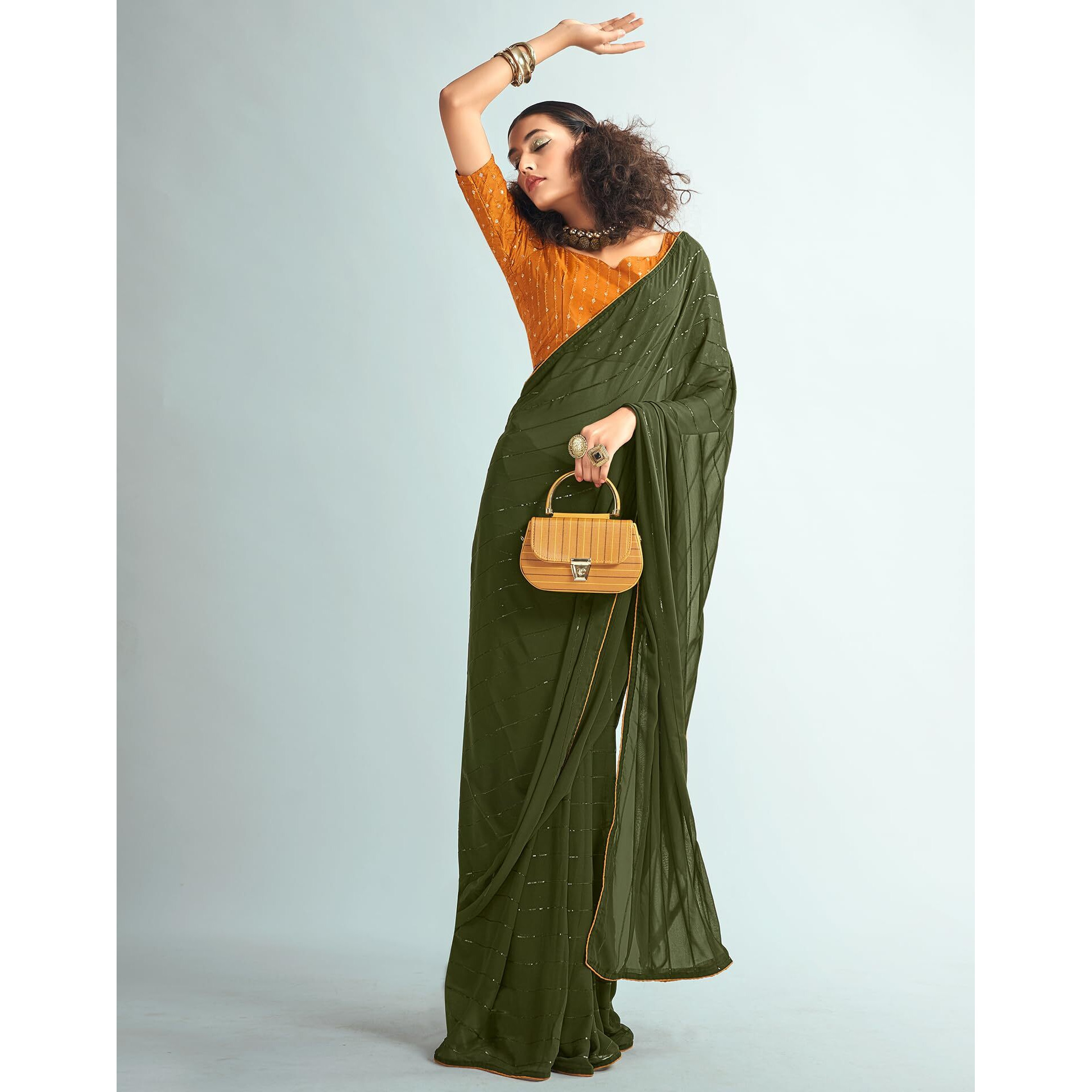 SIRIL Womens Georgette Sequence Work Saree With Unstitched Blouse Piece (3475S701_Mehndi Green)