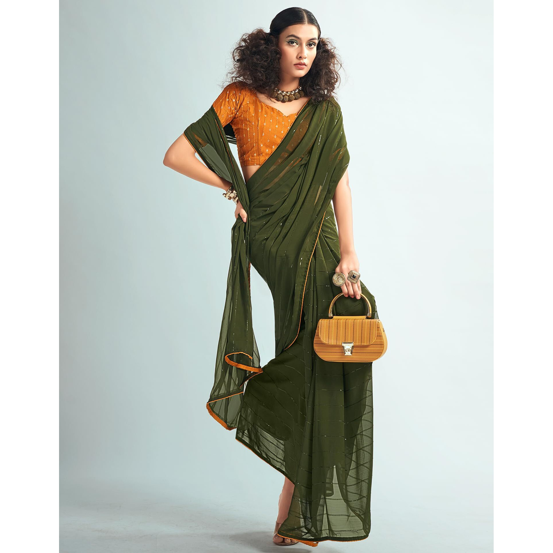 SIRIL Womens Georgette Sequence Work Saree With Unstitched Blouse Piece (3475S701_Mehndi Green)