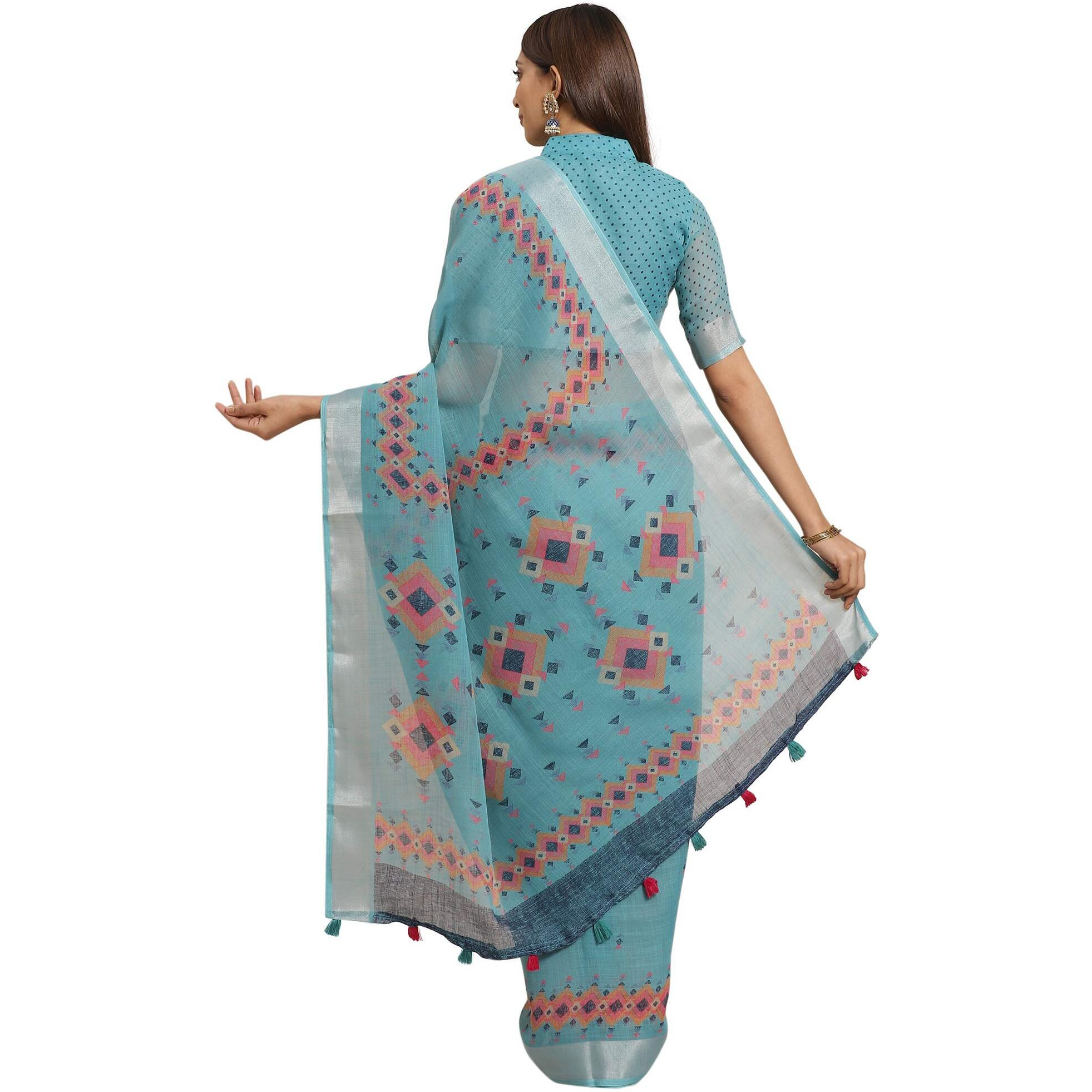 AKHILAM Womens Linen Geometric Saree With Unstitched Boluse Piece(Teal Blue_KHNA83009)