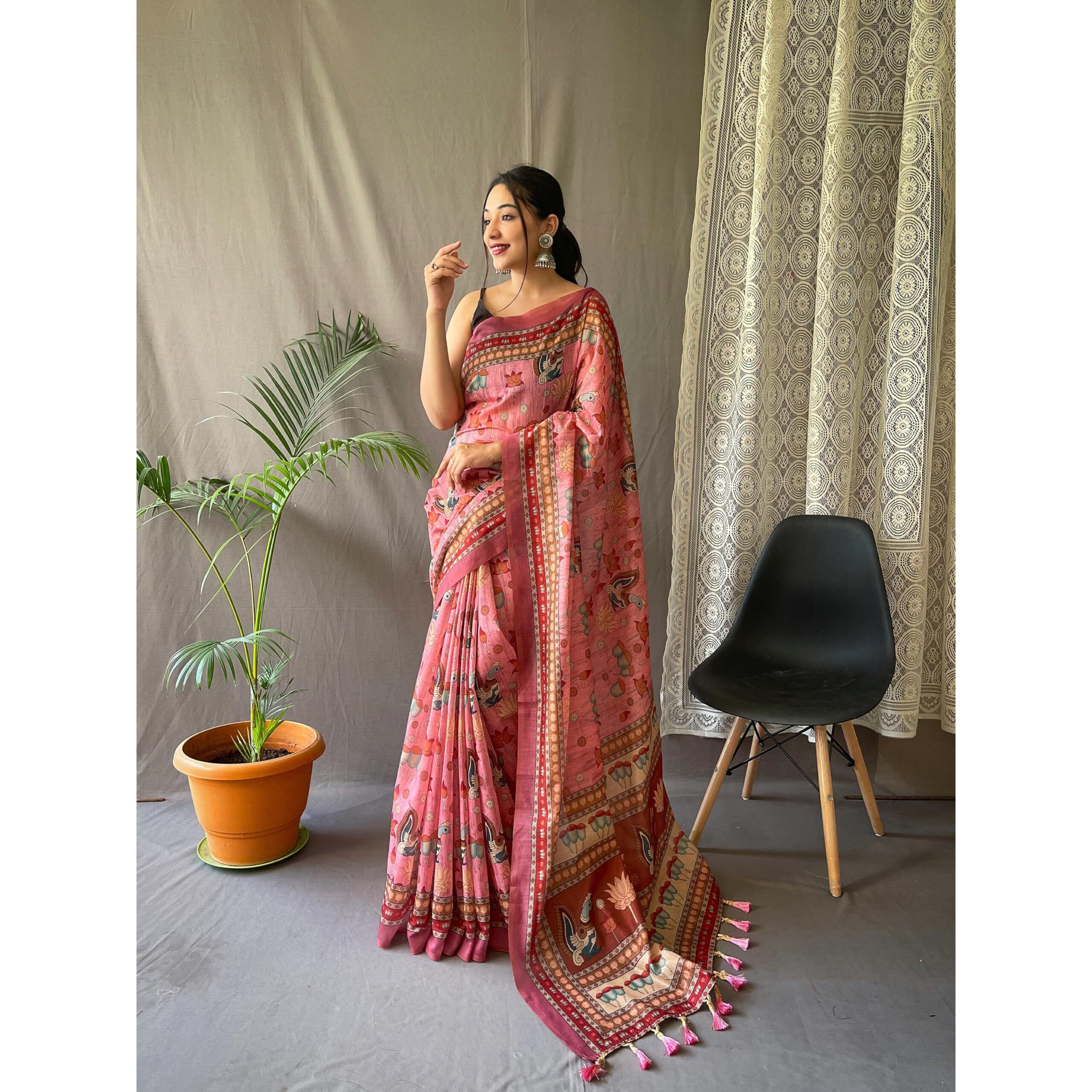 SGF11- Womens Cotton Linen Kalamkari Silk Printed Saree With Blouse Pieces (Pink)