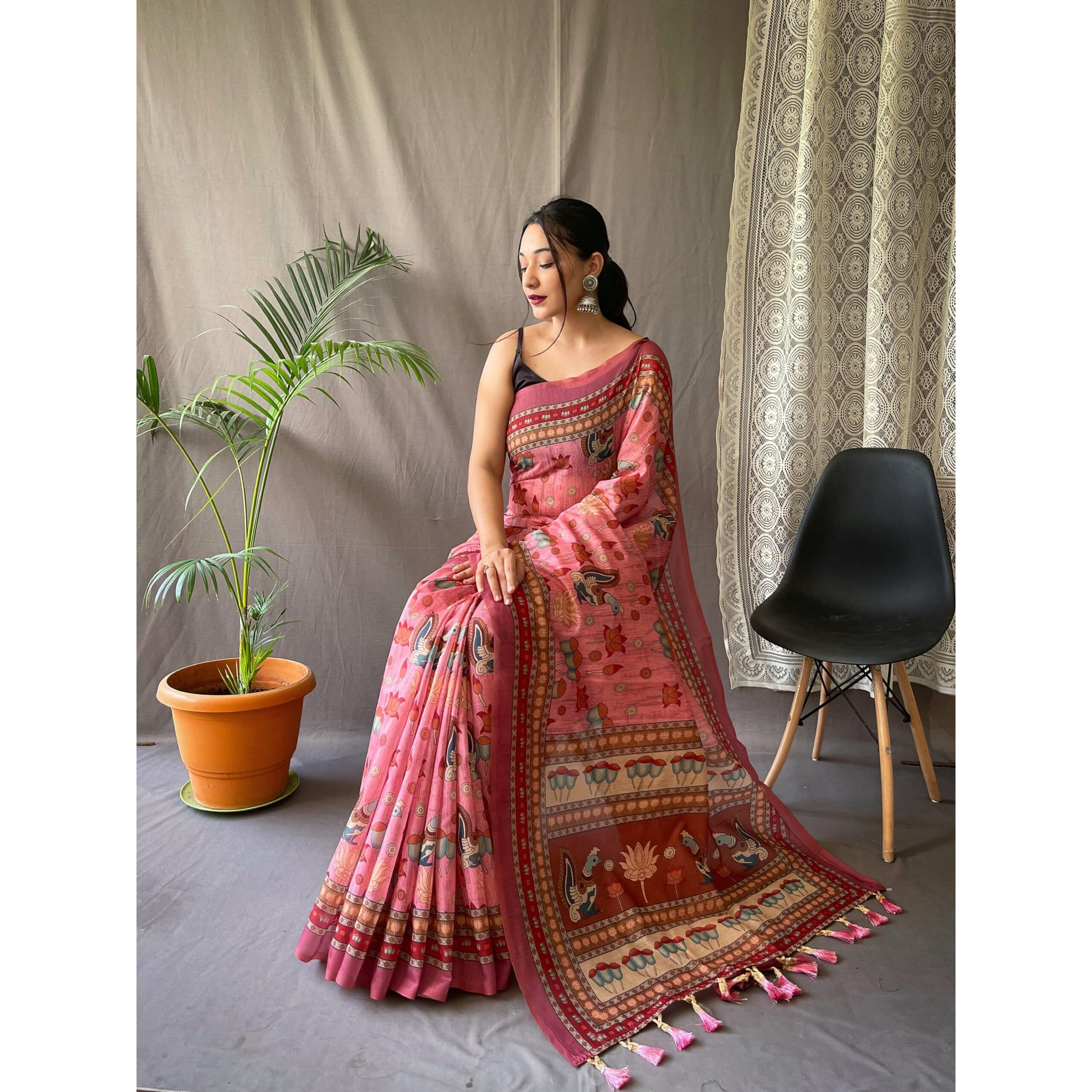SGF11- Womens Cotton Linen Kalamkari Silk Printed Saree With Blouse Pieces (Pink)