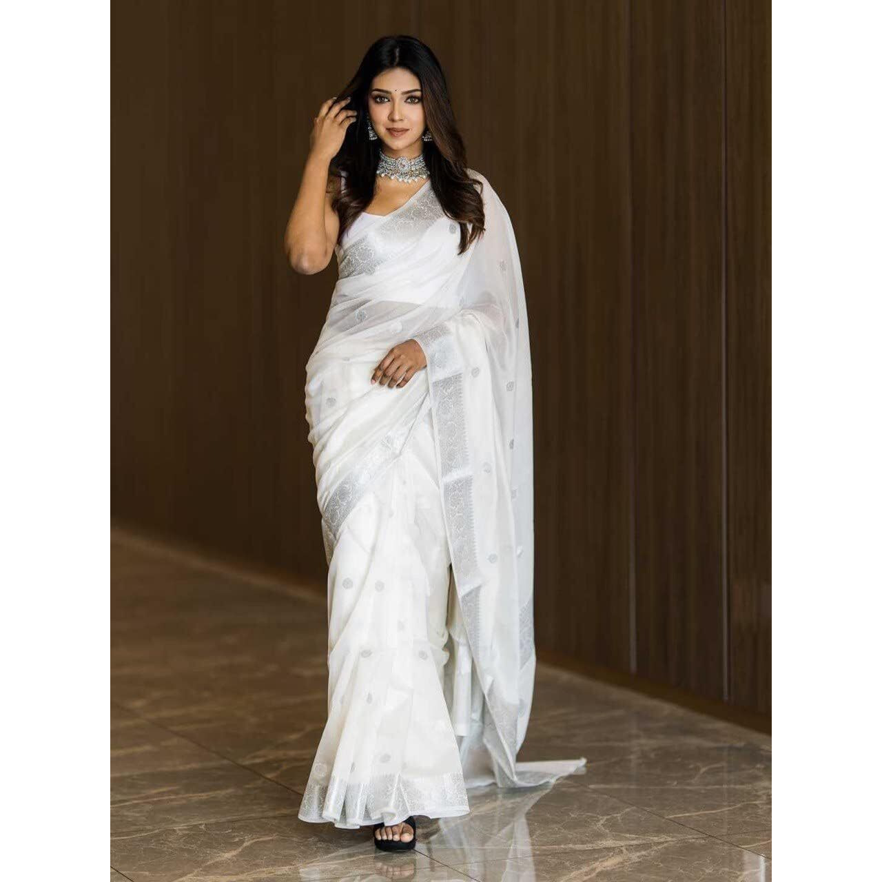C J Enterprise Womens Banarasi Pure Kanjivaram Silk Saree Cotton Spun Saree for Wedding Soft Design Wear Pattu Sarees Latest Sari With Blouse Piece sadi new ladies Party 2024 (Fatima) (White)