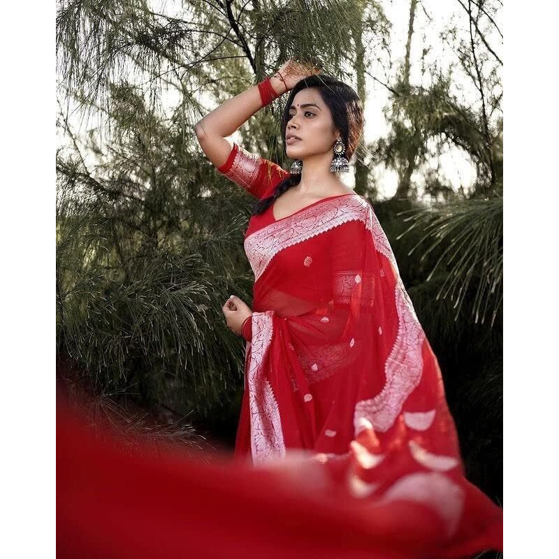 C J Enterprise Womens Banarasi Pure Kanjivaram Silk Saree Cotton Spun Saree for Wedding Soft Design Wear Pattu Sarees Latest Sari With Blouse Piece sadi new ladies Party 2024 (Fatima) (Red)