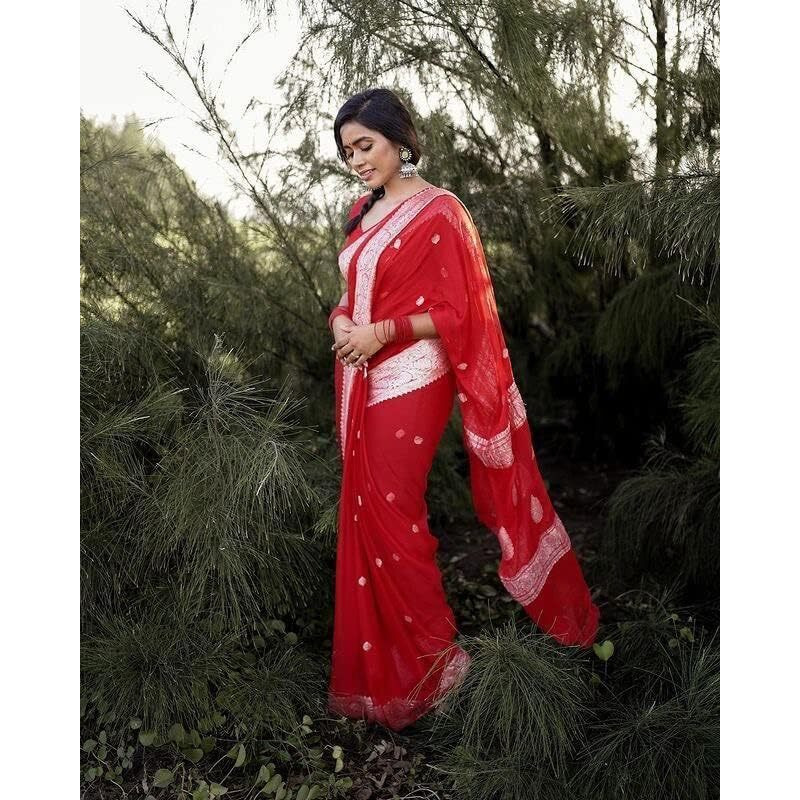 C J Enterprise Womens Banarasi Pure Kanjivaram Silk Saree Cotton Spun Saree for Wedding Soft Design Wear Pattu Sarees Latest Sari With Blouse Piece sadi new ladies Party 2024 (Fatima) (Red)