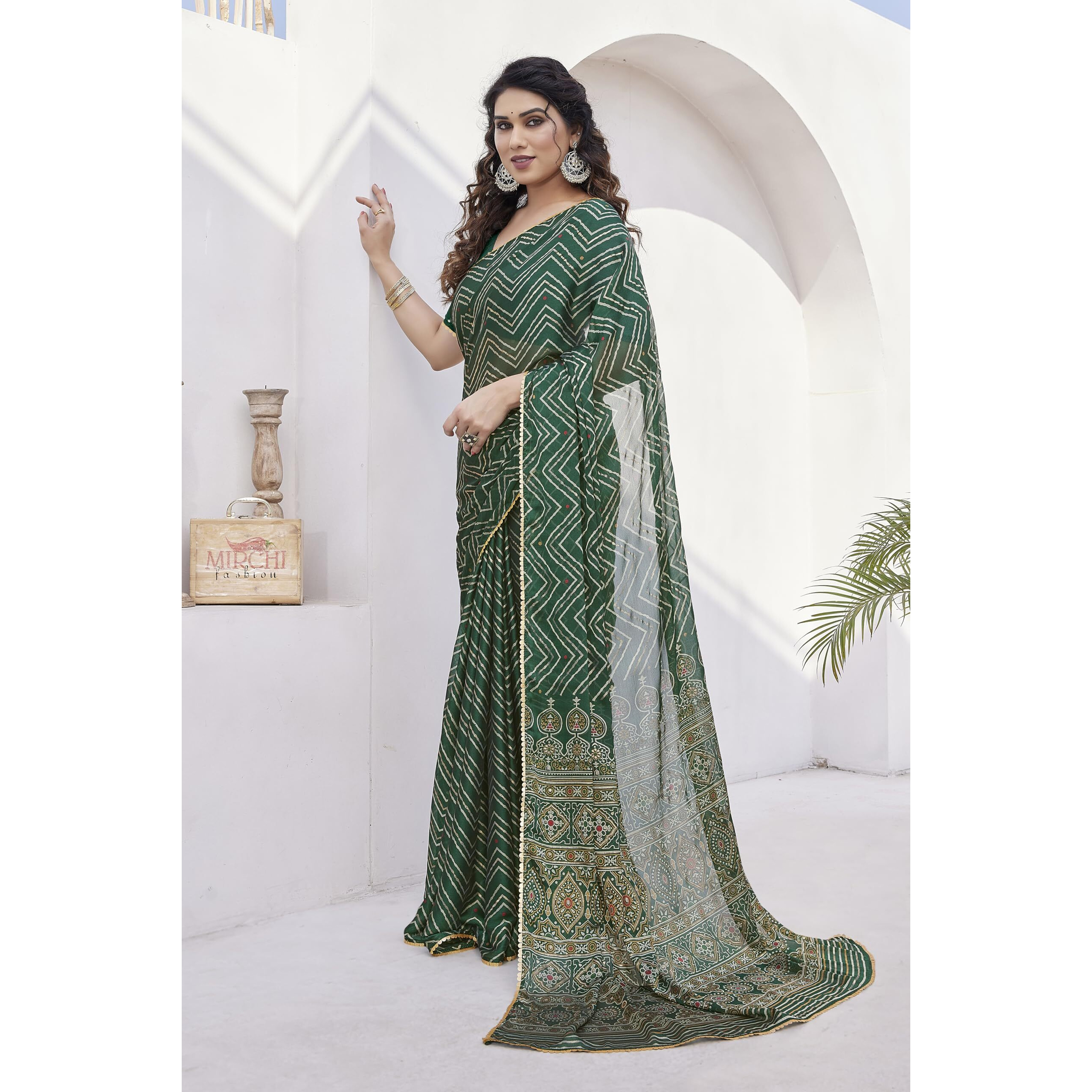 MIRCHI FASHION Womens Chiffon Foil Work Chevron Printed Saree with Blouse Piece (41653-Dark Green, Beige, Golden)