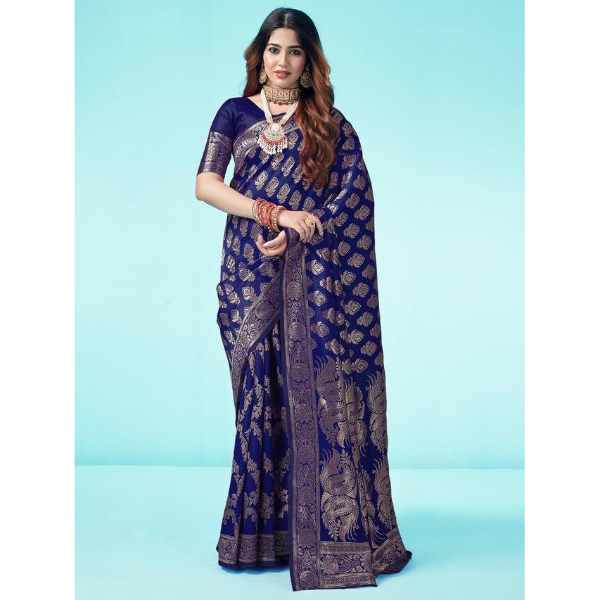 SAMAH Womens Art Silk Banarasi Jacquard Saree with Unstitched Blouse Piece (3409S109N_Navy Blue & Gold)