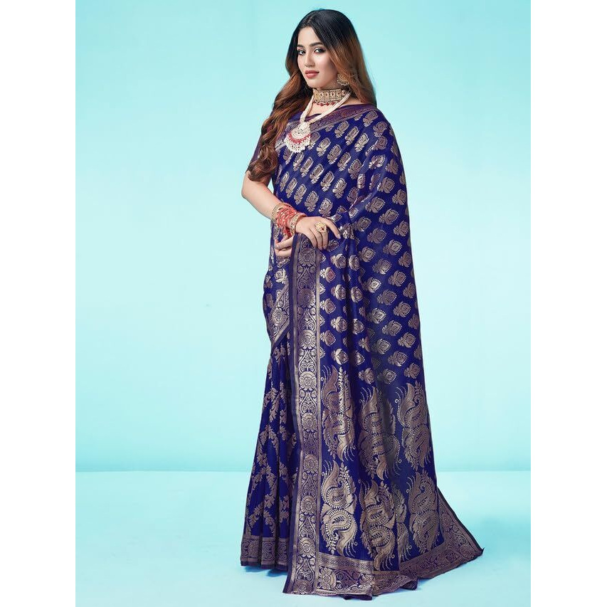 SAMAH Womens Art Silk Banarasi Jacquard Saree with Unstitched Blouse Piece (3409S109N_Navy Blue & Gold)