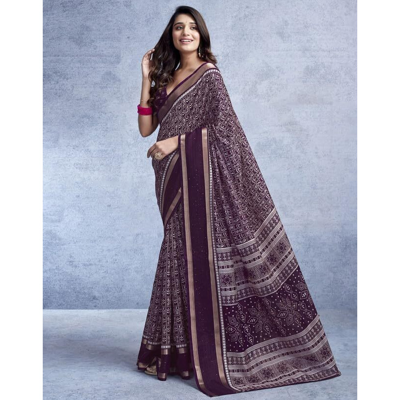 SIRIL Womens Dola Silk Varli Printed Sequence And Zari Border Saree With Unstitched Blouse Piece (3636S219_Wine)