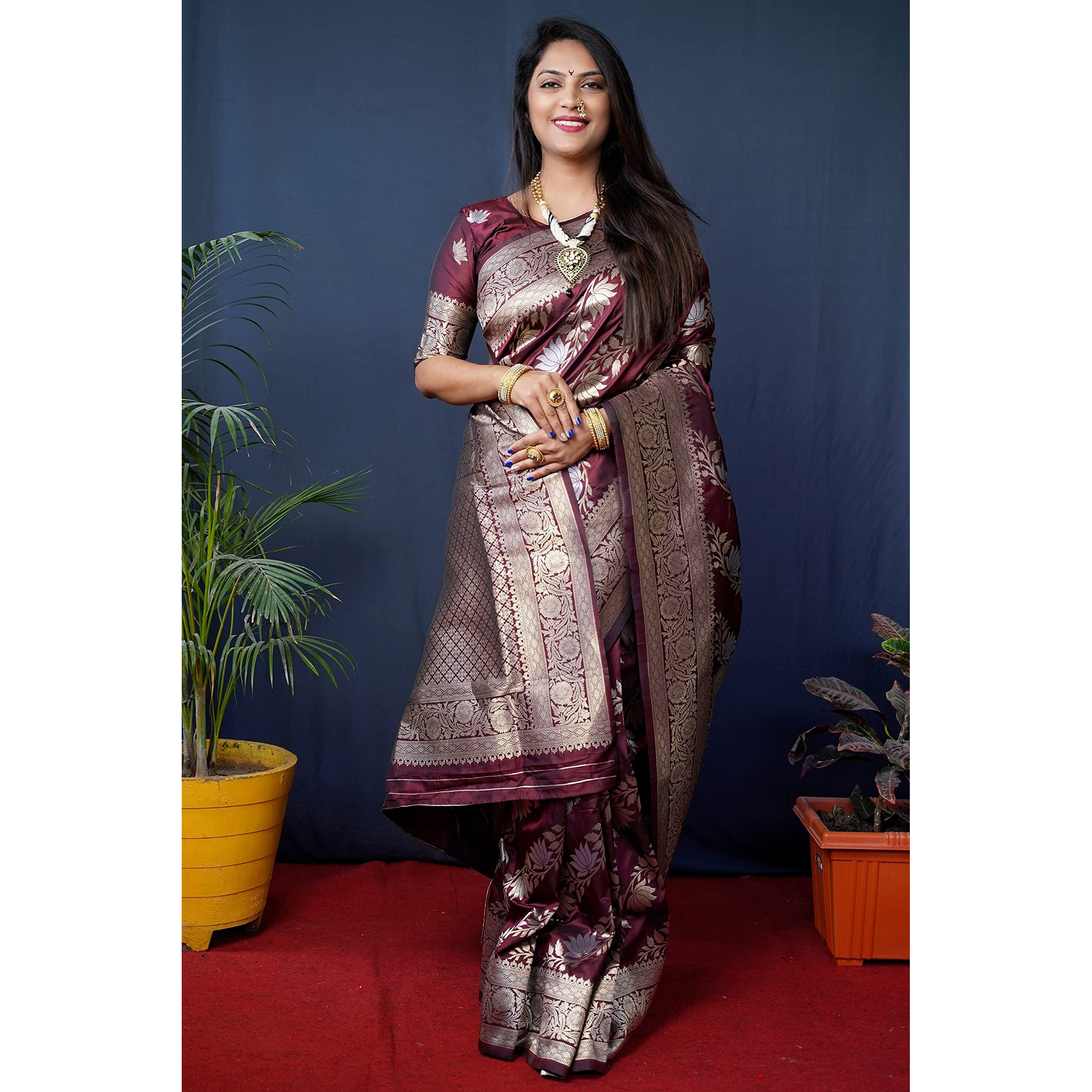 AMIRAT Womens Banarasi Silk With Woven Floral Zari Design Saree With Blouse Piece (Gulabo -2) (Maroon)