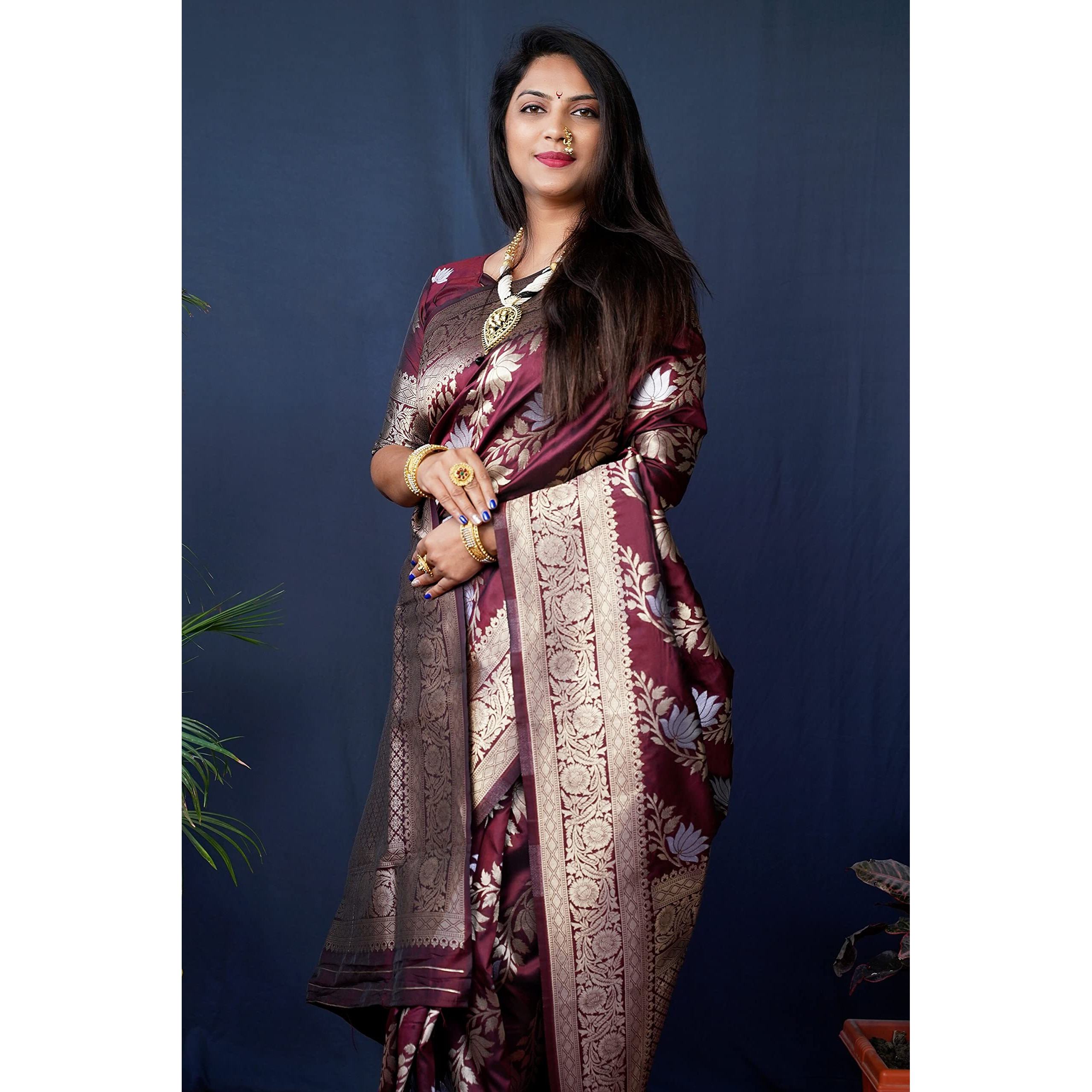 AMIRAT Womens Banarasi Silk With Woven Floral Zari Design Saree With Blouse Piece (Gulabo -2) (Maroon)