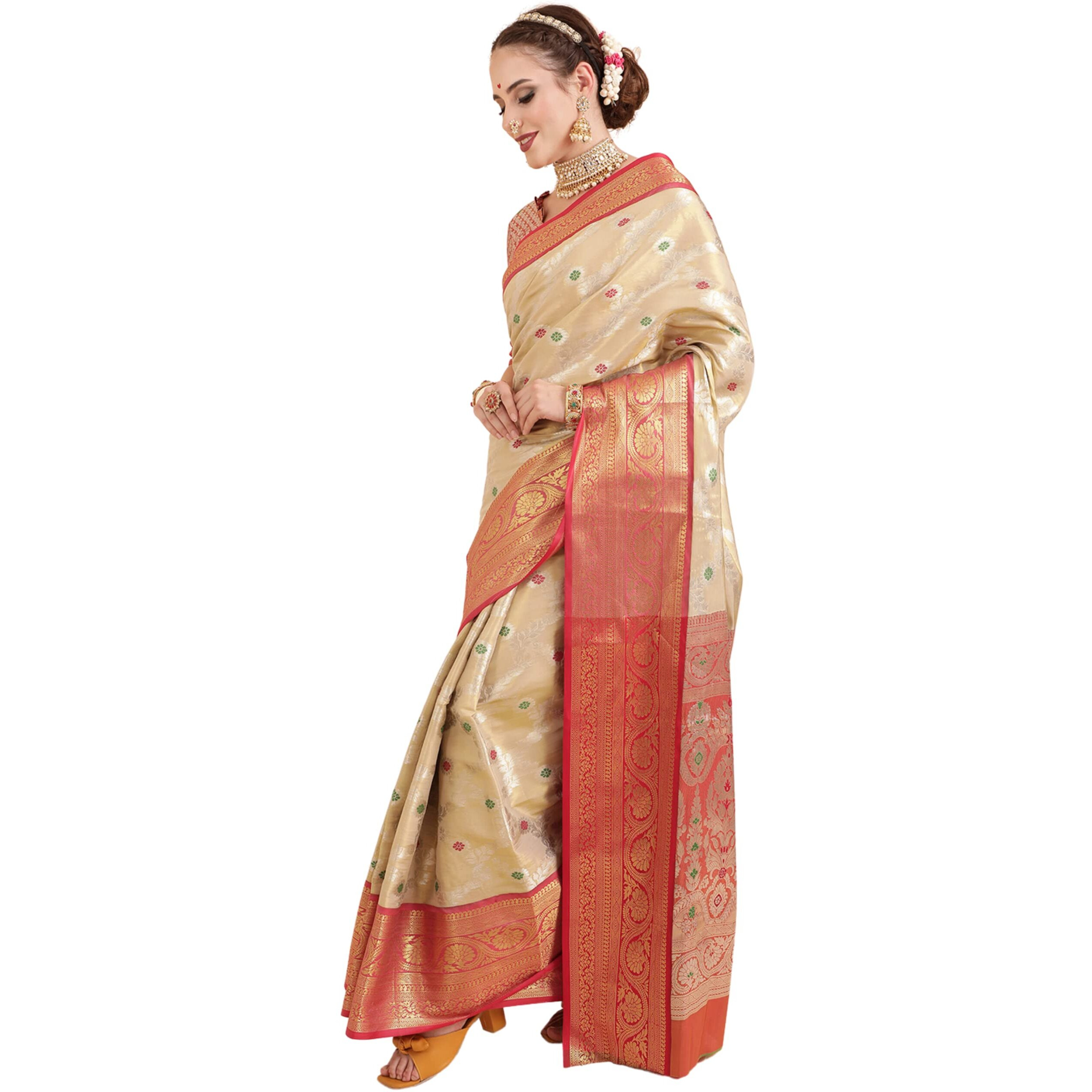 EthnicJunction Womens Banarasi Silk Blend Woven Saree With Unstitched Blouse Piece (EJ7064-Upasana-Cream_Cream)