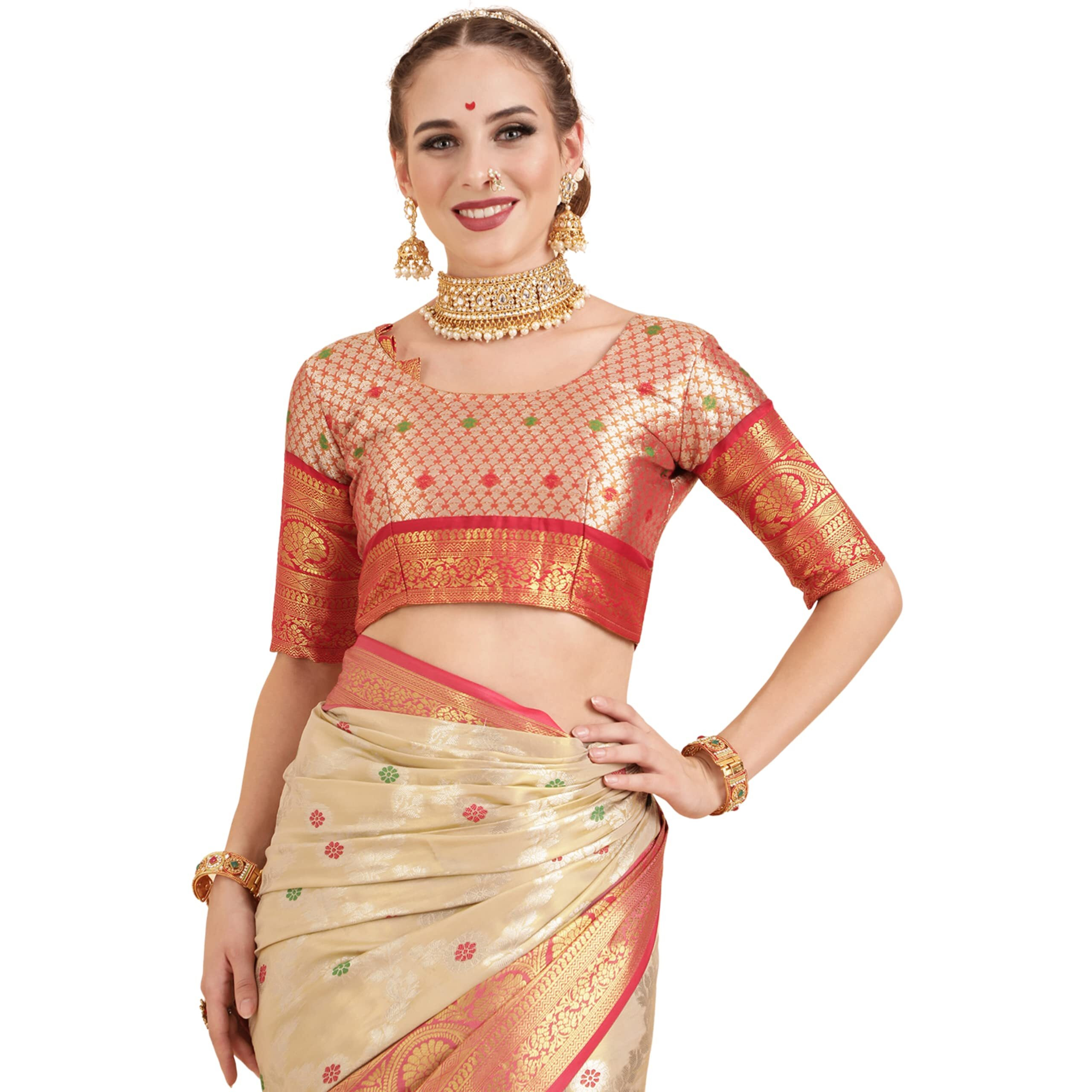 EthnicJunction Womens Banarasi Silk Blend Woven Saree With Unstitched Blouse Piece (EJ7064-Upasana-Cream_Cream)